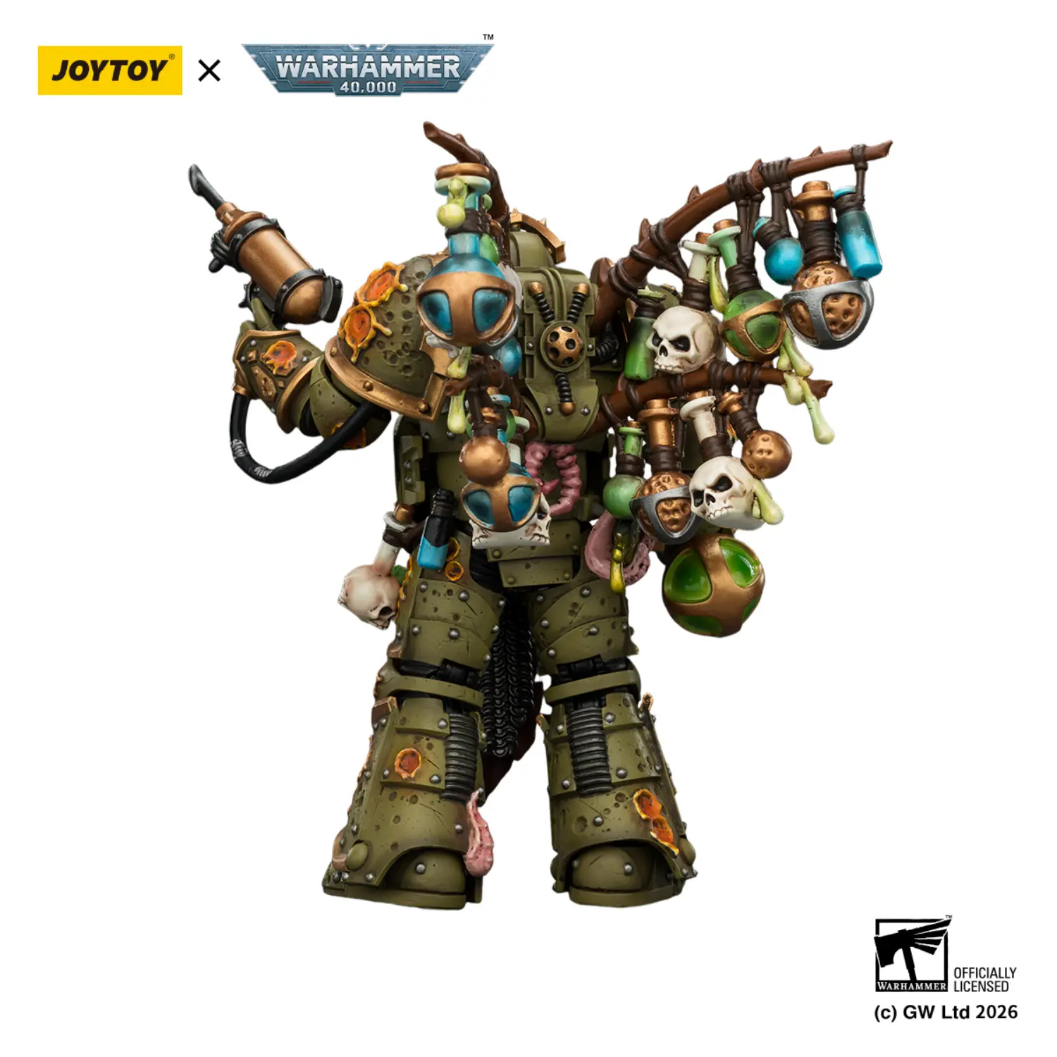 the back of the Action Figure - JoyToy Death Guard Biologus Putrifier with Injector Pistol and Hyper Blight Grenades 1 18 - Warhammer 40K in white background