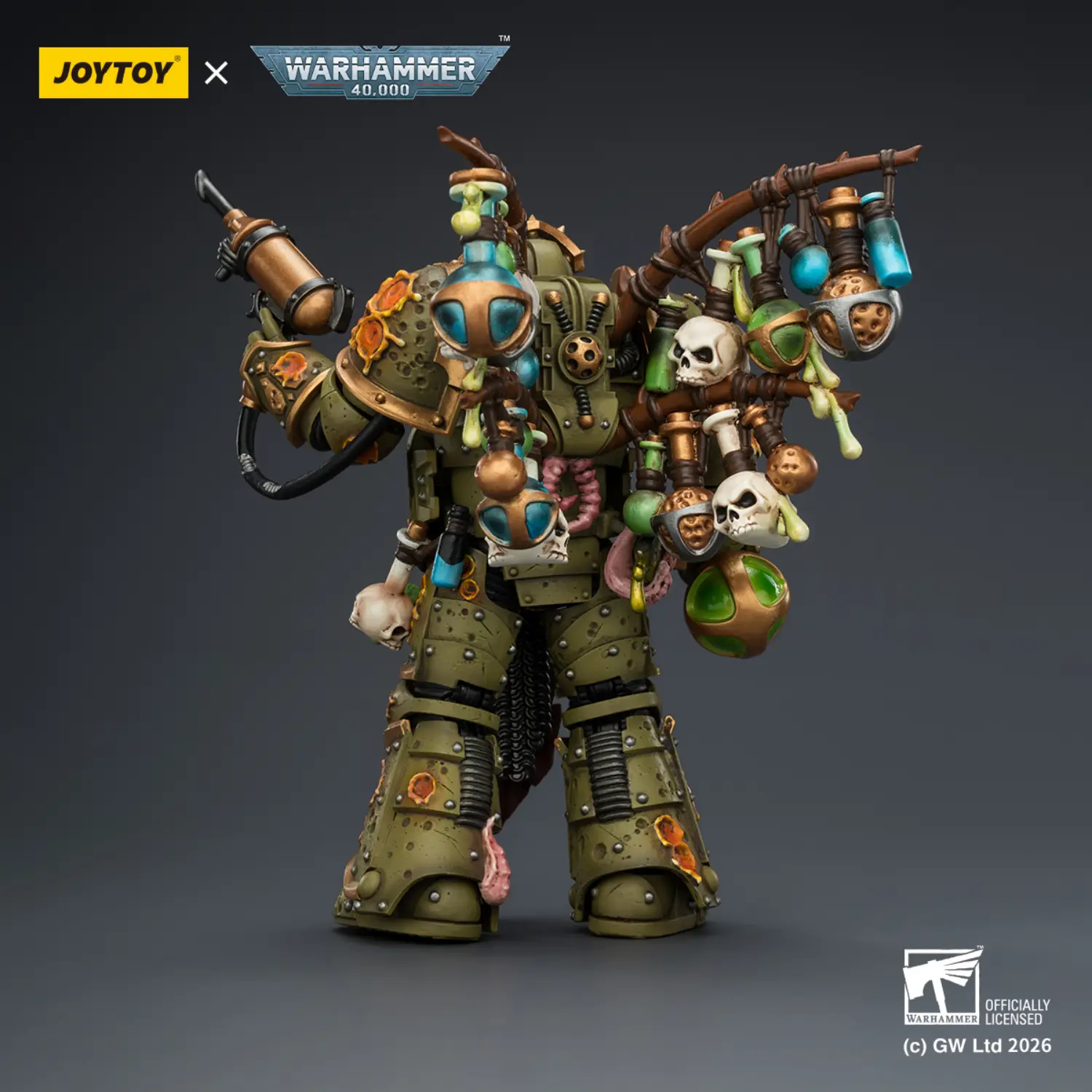 the back of the Action Figure - JoyToy Death Guard Biologus Putrifier with Injector Pistol and Hyper Blight Grenades 1 18 - Warhammer 40K