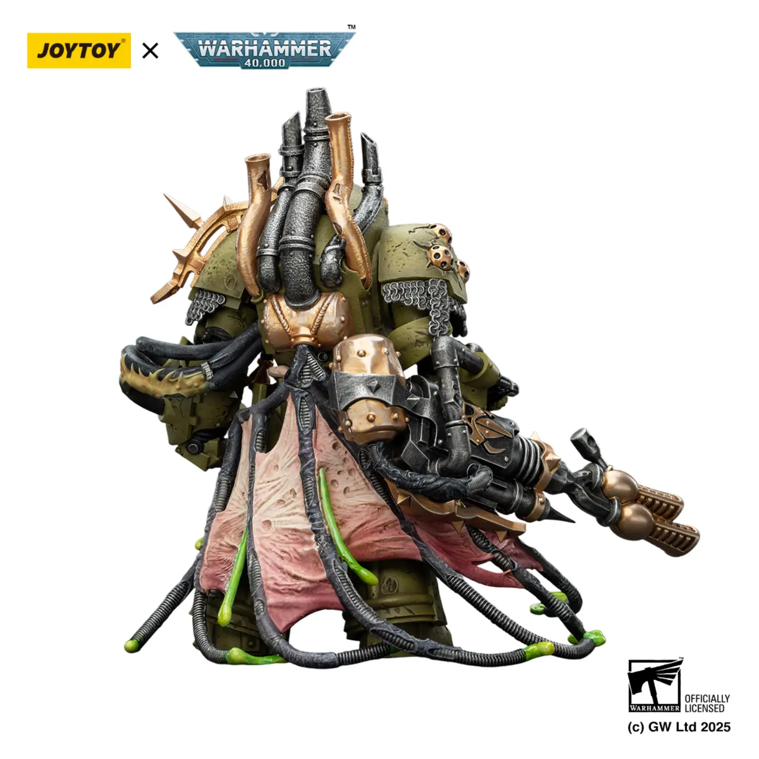 the back of the Action Figure - JoyToy Death Guard Lord of Virulence with Power Fist and Twin Plague Spewer 1 18 - Warhammer 40K in white background the back of the Action Figure - JoyToy Death Guard Lord of Virulence with Power Fist and Twin Plague Spewer 1 18 - Warhammer 40K in white background
