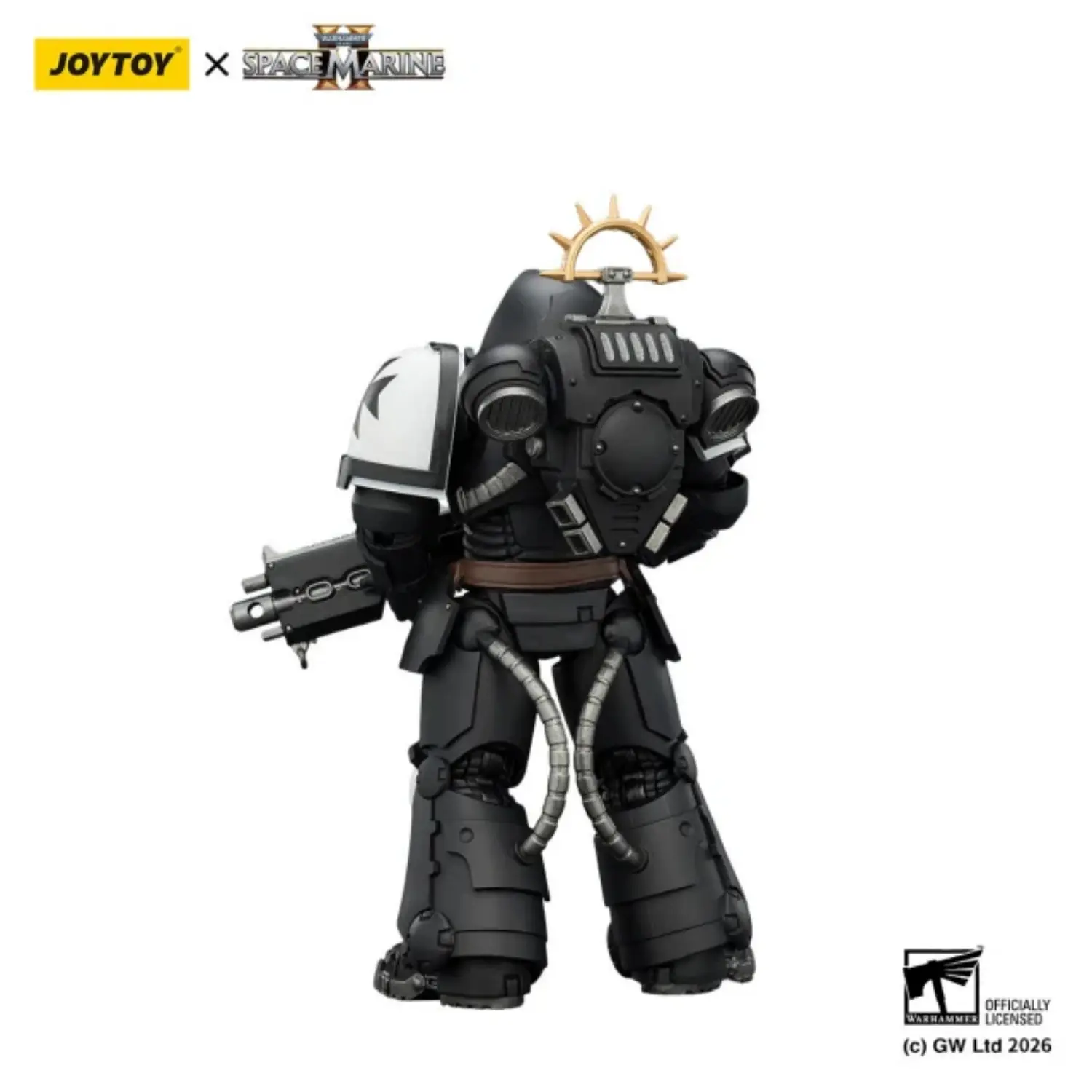 the back of the Action Figure - JoyToy Game Edition Black Templars Heavy Intercessor with Heavy Bolt Rifle and Bolt Pistol 1 18 - Warhammer 40K Space Marine 2 in white background