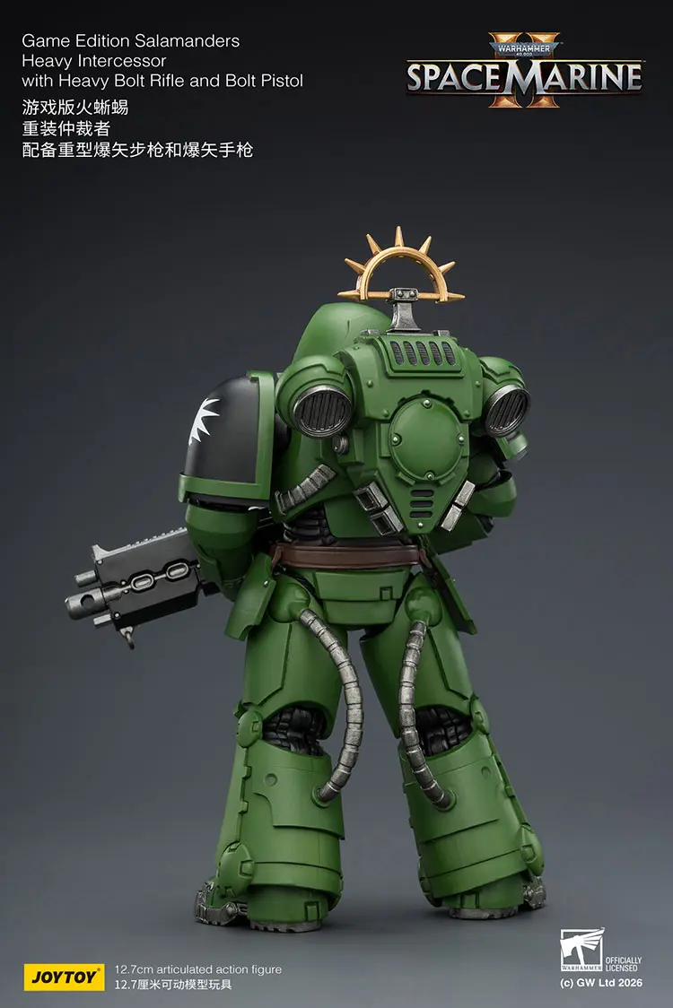 the back of the Action Figure - JoyToy Game Edition Salamanders Heavy Intercessor with Heavy Bolt Rifle and Bolt Pistol 1 18 - Warhammer 40K Space Marine 2 rectangle image