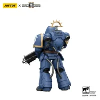 the back of the Action Figure - JoyToy Game Edition Ultramarines Heavy Intercessor with Heavy Bolt Rifle and Bolt Pistol 1 18 - Warhammer 40K Space Marine 2 in white background
