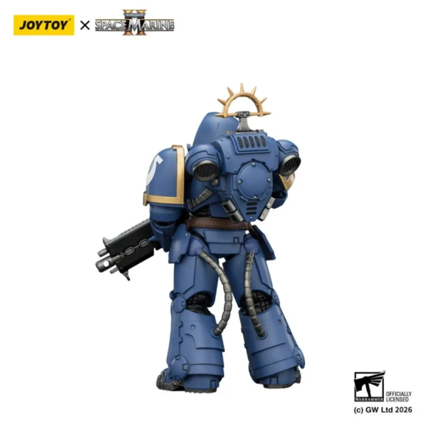 the back of the Action Figure - JoyToy Game Edition Ultramarines Heavy Intercessor with Heavy Bolt Rifle and Bolt Pistol 1 18 - Warhammer 40K Space Marine 2 in white background
