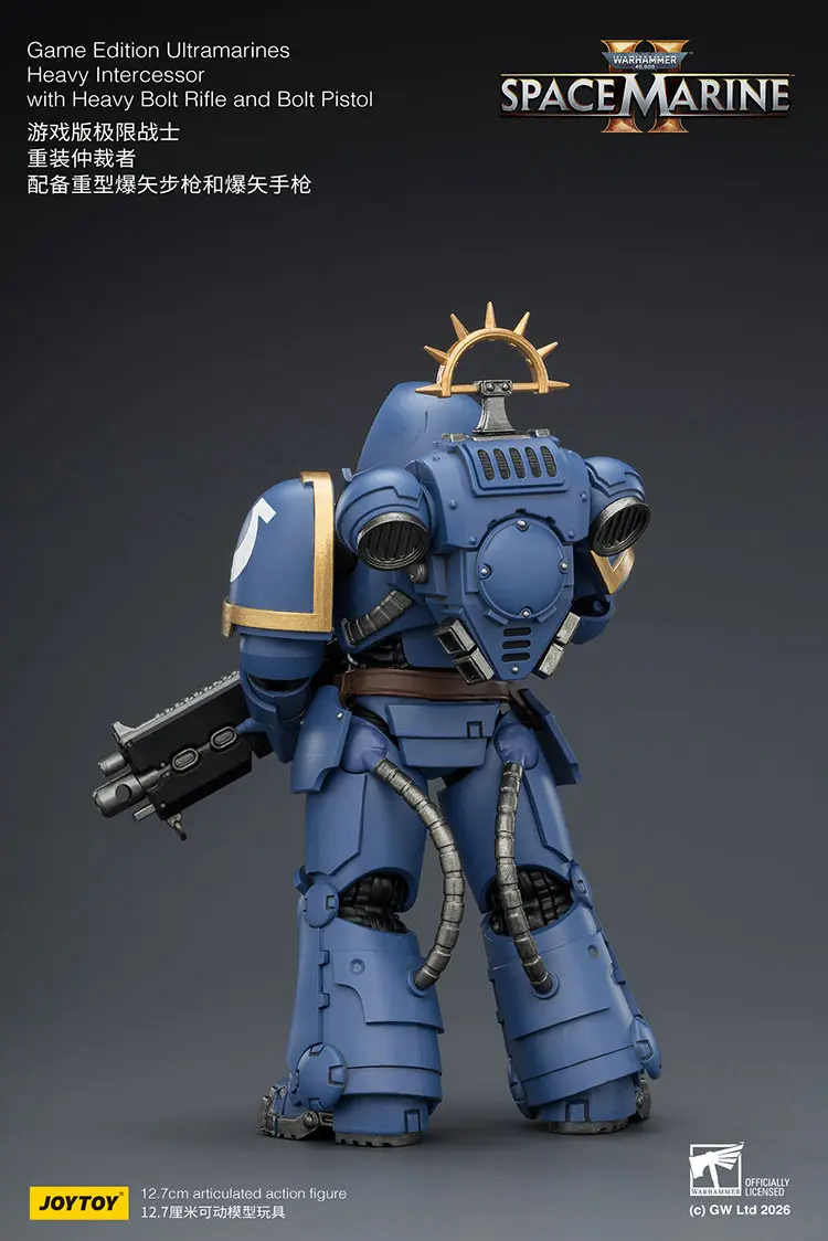 the back of the Action Figure - JoyToy Game Edition Ultramarines Heavy Intercessor with Heavy Bolt Rifle and Bolt Pistol 1 18 - Warhammer 40K Space Marine 2 rectangle image