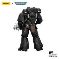 the back of the Action Figure - JoyToy Iron Hands Intercessor with Bolt Rifle, Bolt Pistol and Chainsword 1 18 - Warhammer 40K in white background