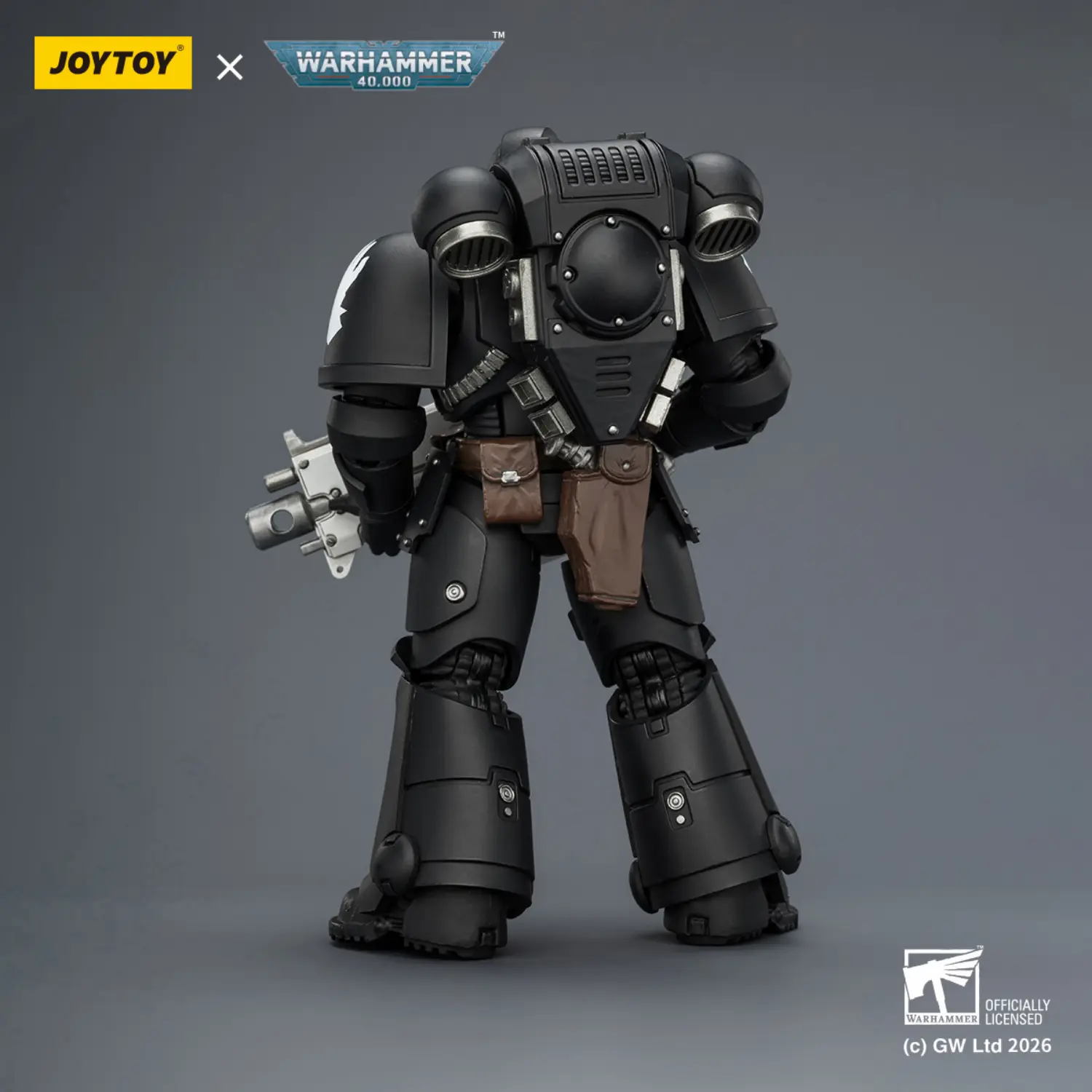 the back of the Action Figure - JoyToy Iron Hands Intercessor with Bolt Rifle, Bolt Pistol and Chainsword 1 18 - Warhammer 40K