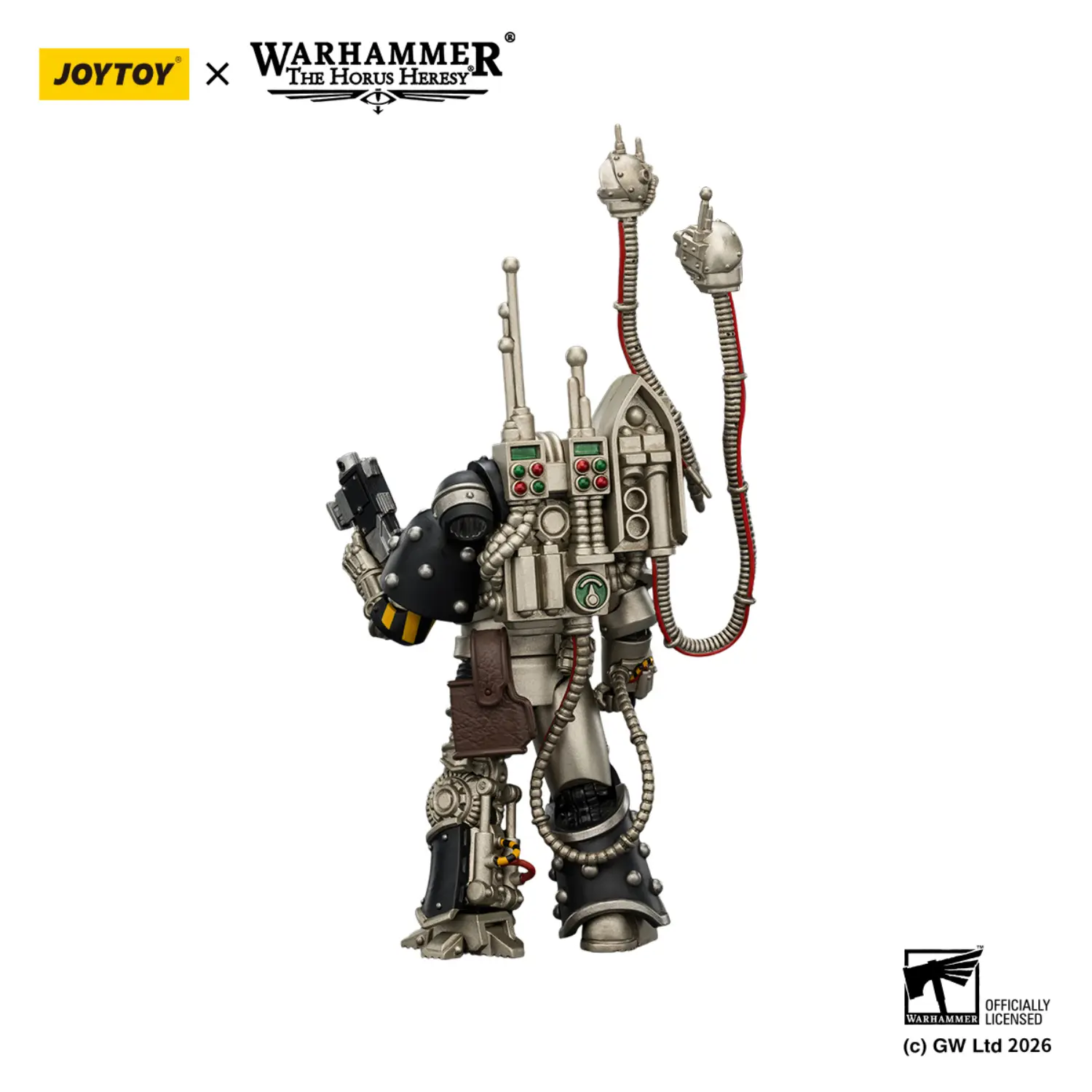 the back of the Action Figure - JoyToy Iron Warriors Traitor Legion Praevian Tech-Commander with Bolt Pistol 1 18 - Warhammer The Horus Heresy in white backgrond