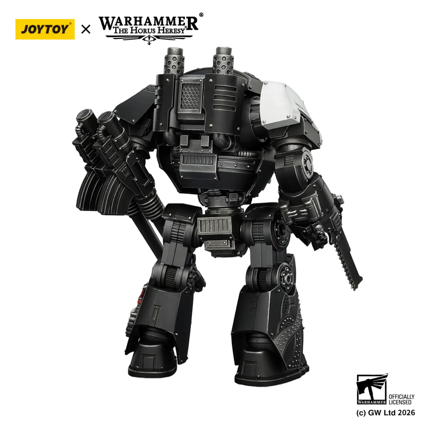 the back of the Action Figure - JoyToy Raven Guard Contemptor Dreadnought with Gravis Autocannon and Chainfist 1 18 - Warhammer The Horus Heresy in white background
