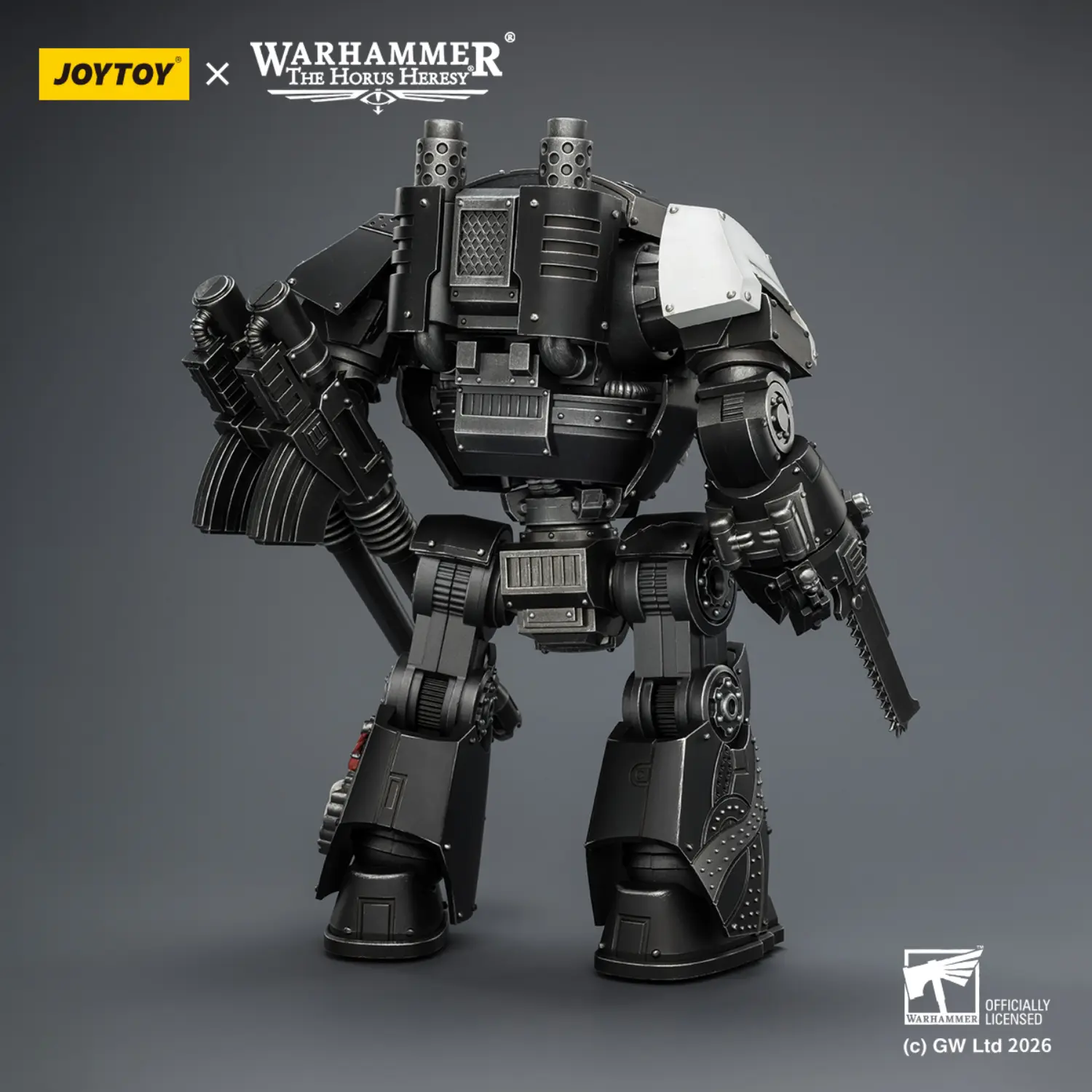 the back of the Action Figure - JoyToy Raven Guard Contemptor Dreadnought with Gravis Autocannon and Chainfist 1 18 - Warhammer The Horus Heresy