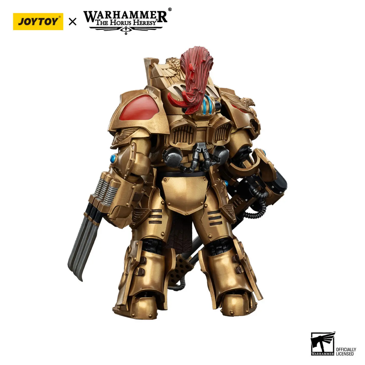 the back of the Action Figure - JoyToy Scale Legio Custodes Aquilon Terminator with Infernus Firepike 1 18 - Warhammer The Horus Heresy in white background