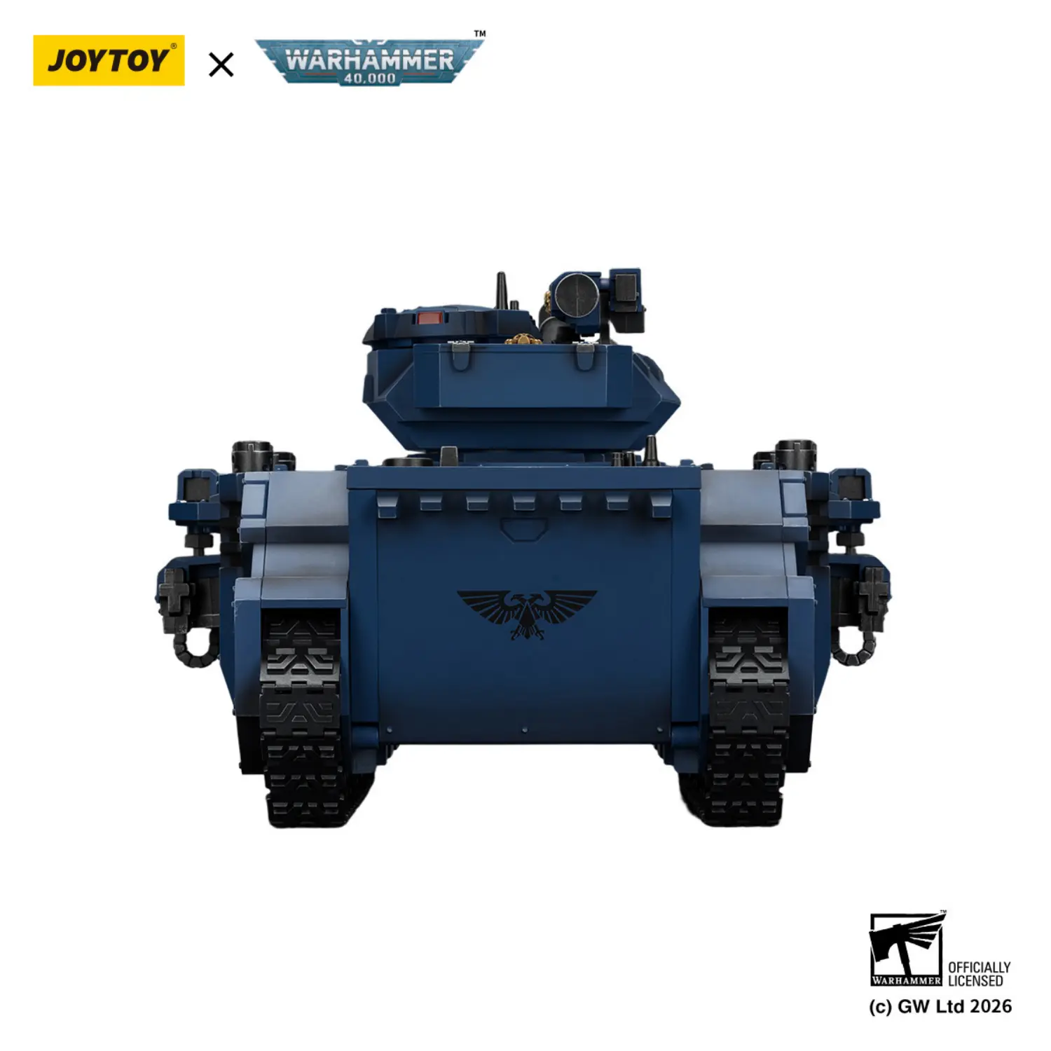 the back of the Action Figure - JoyToy Ultramarines Predator Destructor Tank with Turret-mounted Autocannon and Sponson-mounted Heavy Bolters 1 18 - Warhammer 40K Vehicle in white background