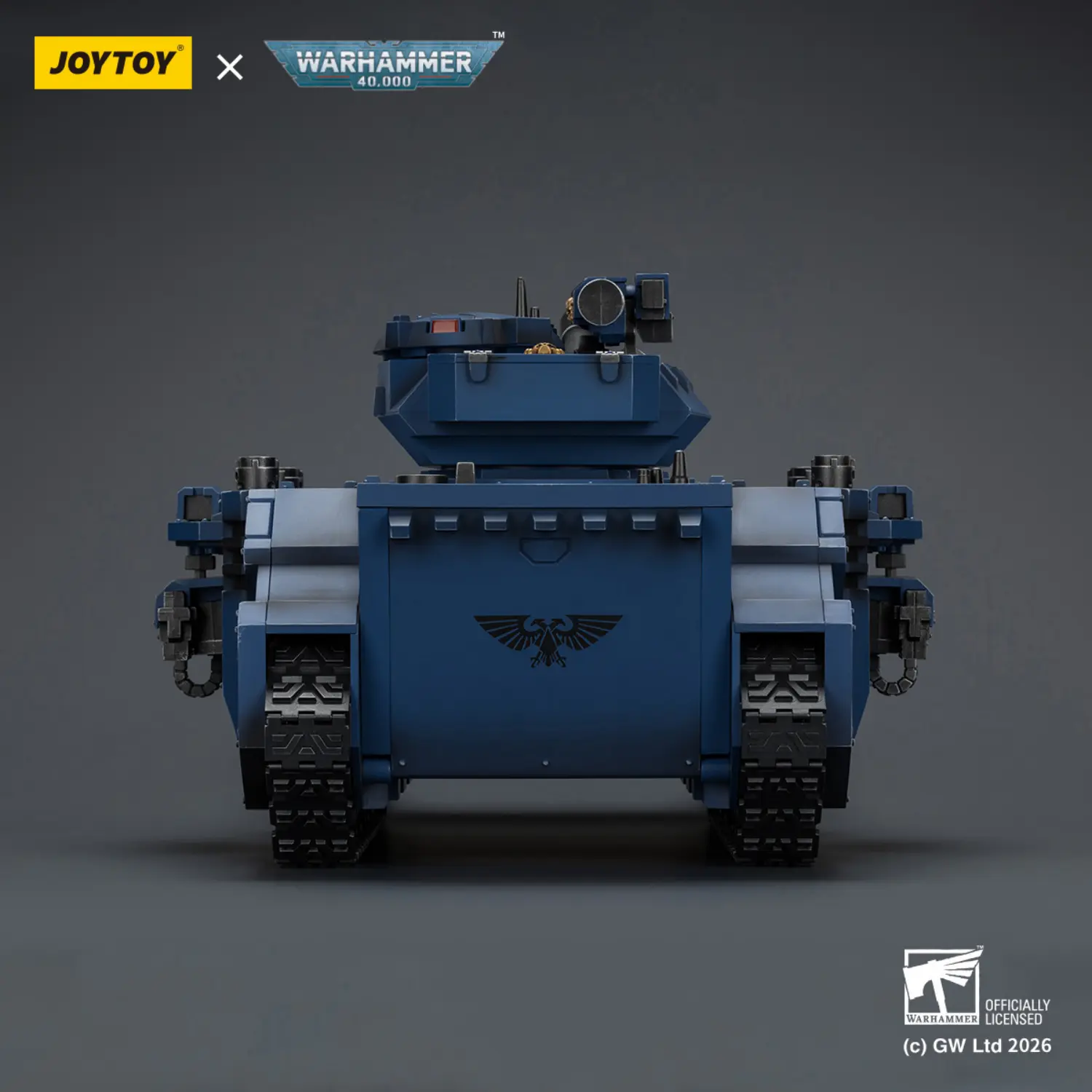 the back of the Action Figure - JoyToy Ultramarines Predator Destructor Tank with Turret-mounted Autocannon and Sponson-mounted Heavy Bolters 1 18 - Warhammer 40K Vehicle
