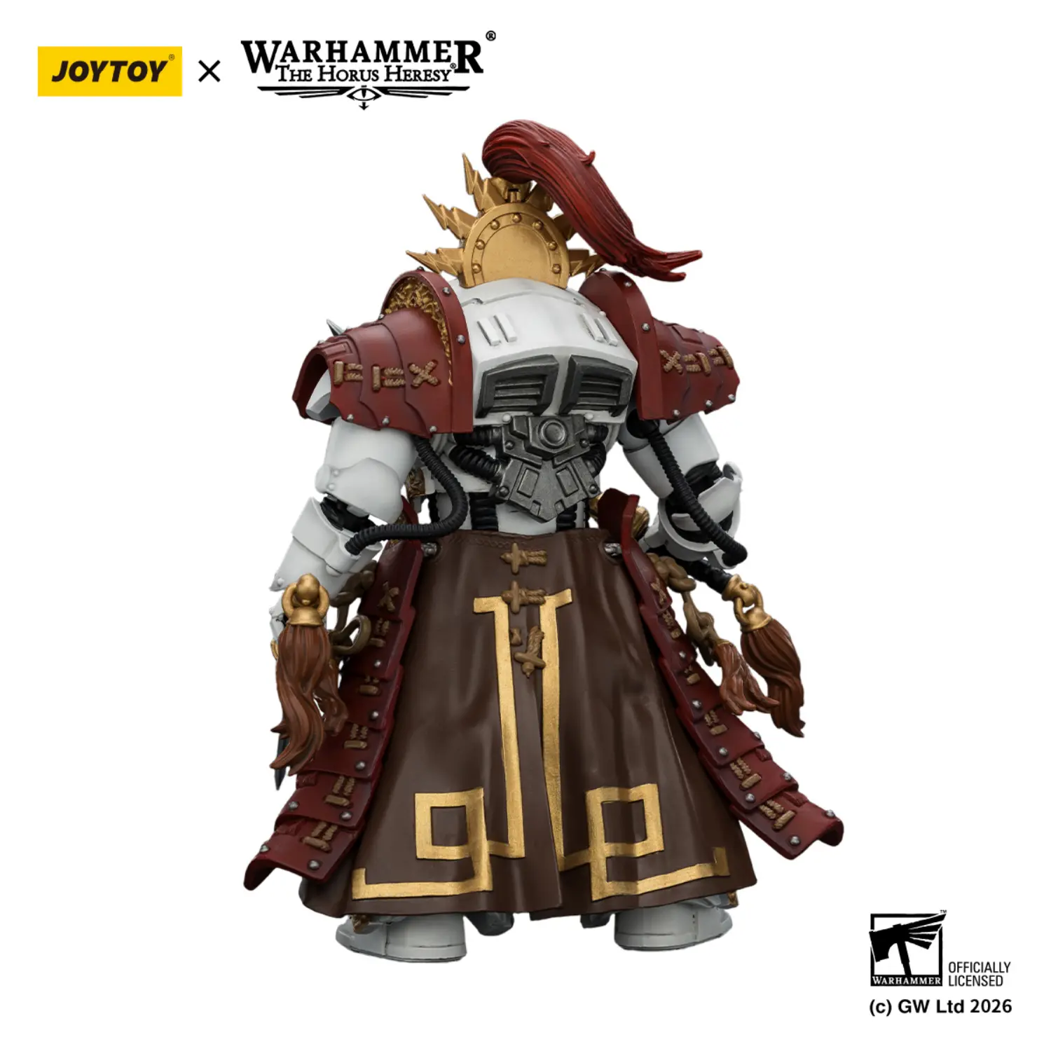 the back of the Action Figure - JoyToy White Scars Qin Xa-Master of the Keshig with paired blades _theTails of the Dragon_ 1 18 - Warhammer The Horus Heresy in white background