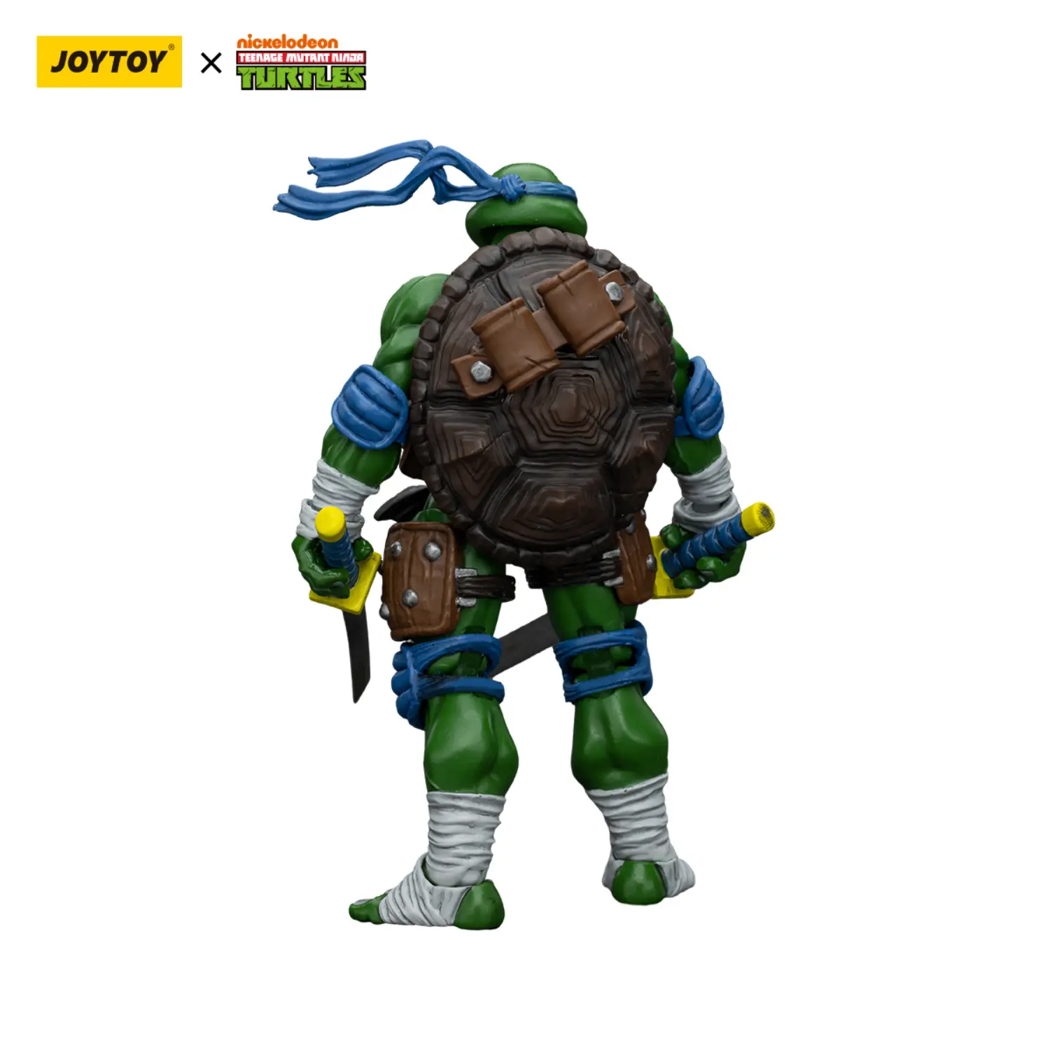 the back of the Action Figure - Leonardo TMNT Nickelodeon 1 18 - JOYTOY Teenage Mutant Ninja Turtles in white background