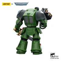 the back of the Action Figure - Salamanders Terminator 1 with Power Sword and Storm Bolter 1 18 - JOYTOY Warhammer 40K in white background the back of the Action Figure - Salamanders Terminator 1 with Power Sword and Storm Bolter 1 18 - JOYTOY Warhammer 40K in white background