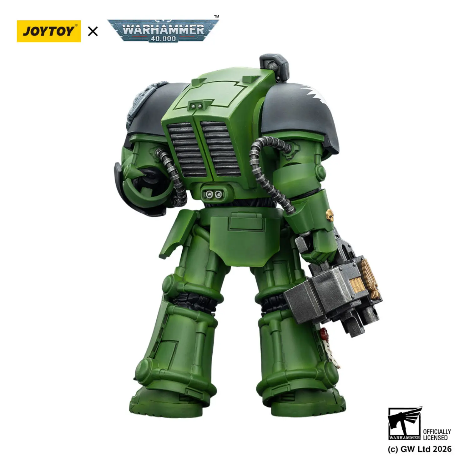 the back of the Action Figure - Salamanders Terminator 2 with Power Fist and Storm Bolter 1 18 - JOYTOY Warhammer 40K in white background the back of the Action Figure - Salamanders Terminator 2 with Power Fist and Storm Bolter 1 18 - JOYTOY Warhammer 40K in white background