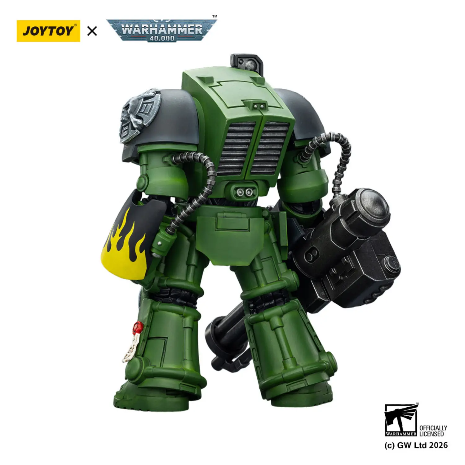 the back of the Action Figure - Salamanders Terminator 3 with Power Fist and Assault Cannon 1 18 - JOYTOY Warhammer 40K in white background the back of the Action Figure - Salamanders Terminator 3 with Power Fist and Assault Cannon 1 18 - JOYTOY Warhammer 40K in white background