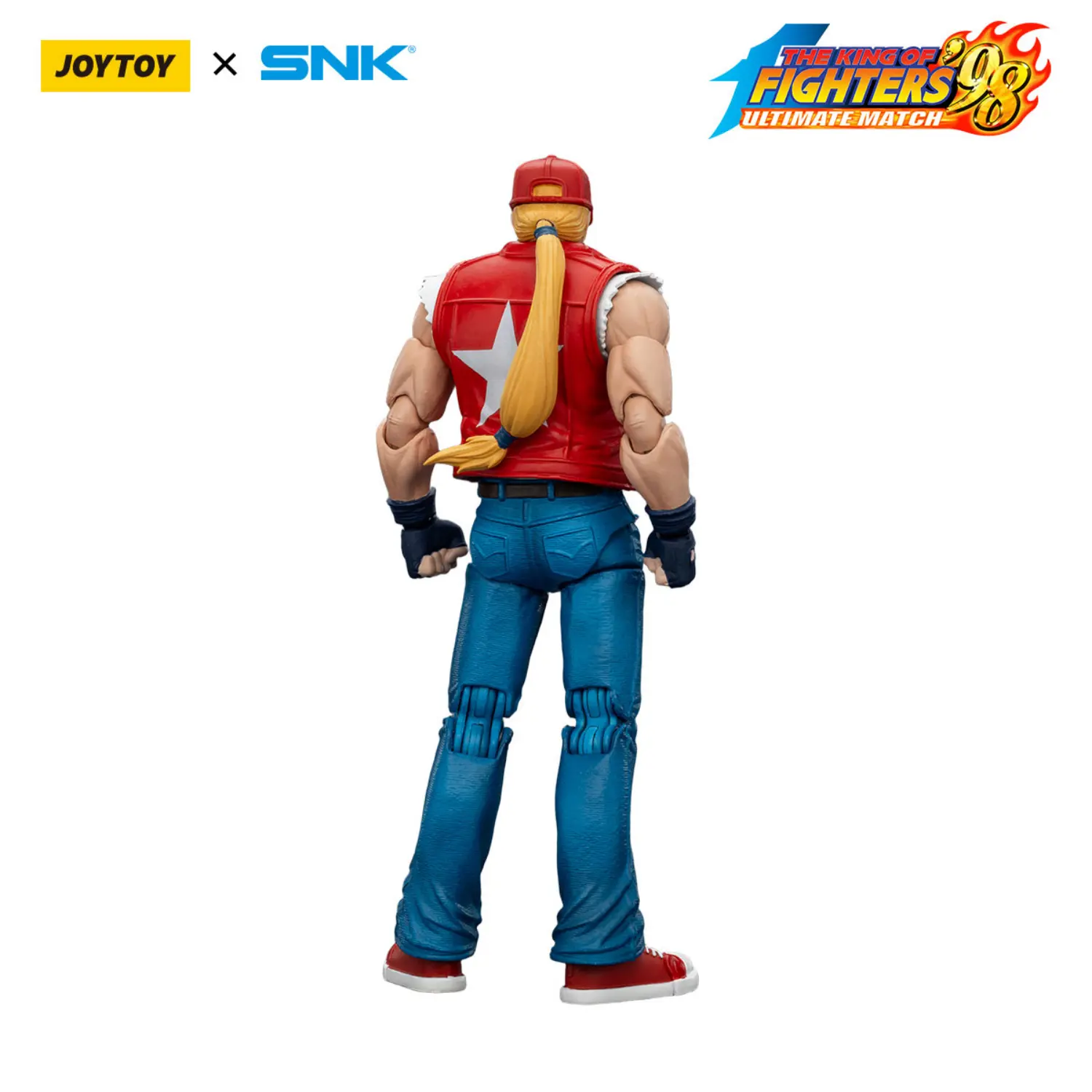 the back of the Action Figure - Terry Bogard KOF _98 UM Fatal Fury Team SNK 1 18 - JOYTOY The King of Fighters in white background Action Figure - Terry Bogard KOF '98 UM Fatal Fury Team SNK 1/18 - JOYTOY The King of Fighters