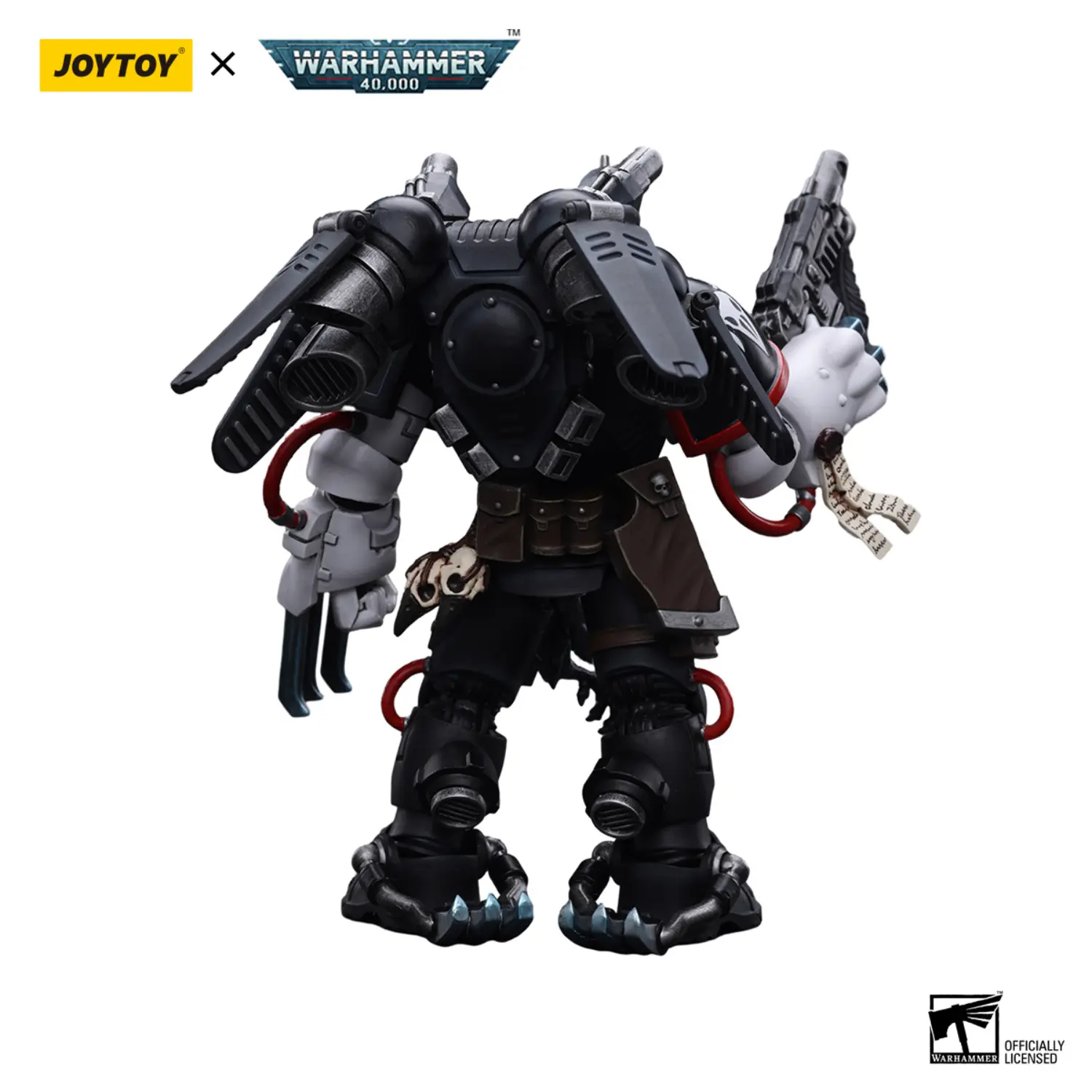 the bakc of the Action Figure - JOYTOY Raven Guard Chapter Master Kayvaan Shrike 1 18 - Warhammer 40K in white background