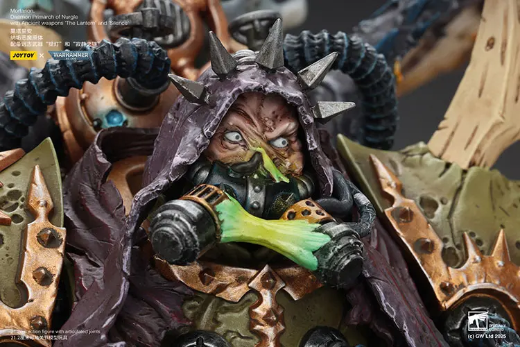 The Details Of Action Figure Chaos Space Marines Death Guard Mortarion, Daemon Primarch Of Nurgle With Ancient Weapons 'the Lantern' And 'silence' 1 18 Joytoy Warhammer 40k Rectangle Image 11