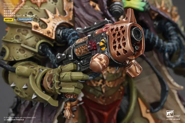 The Details Of Action Figure Chaos Space Marines Death Guard Mortarion, Daemon Primarch Of Nurgle With Ancient Weapons 'the Lantern' And 'silence' 1 18 Joytoy Warhammer 40k Rectangle Image 13