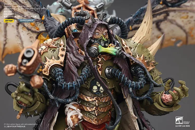 The Details Of Action Figure Chaos Space Marines Death Guard Mortarion, Daemon Primarch Of Nurgle With Ancient Weapons 'the Lantern' And 'silence' 1 18 Joytoy Warhammer 40k Rectangle Image 9