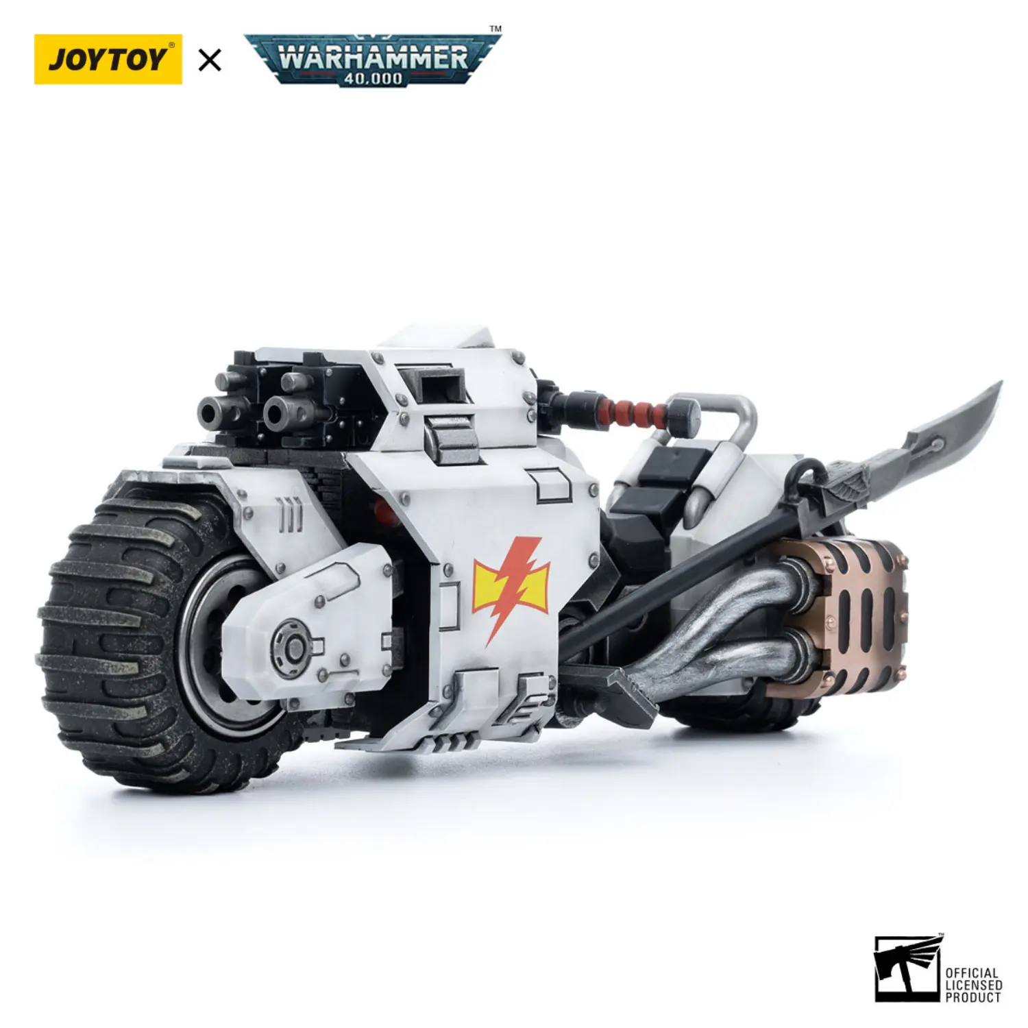the front left of Action Figure Vehicle - White Scars Raider-pattern Combat Bike 1 18 - JOYTOY Warhammer 40K in white background The Front Left Of Action Figure Vehicle White Scars Raider Pattern Combat Bike 1 18 Joytoy Warhammer 40k In White Background