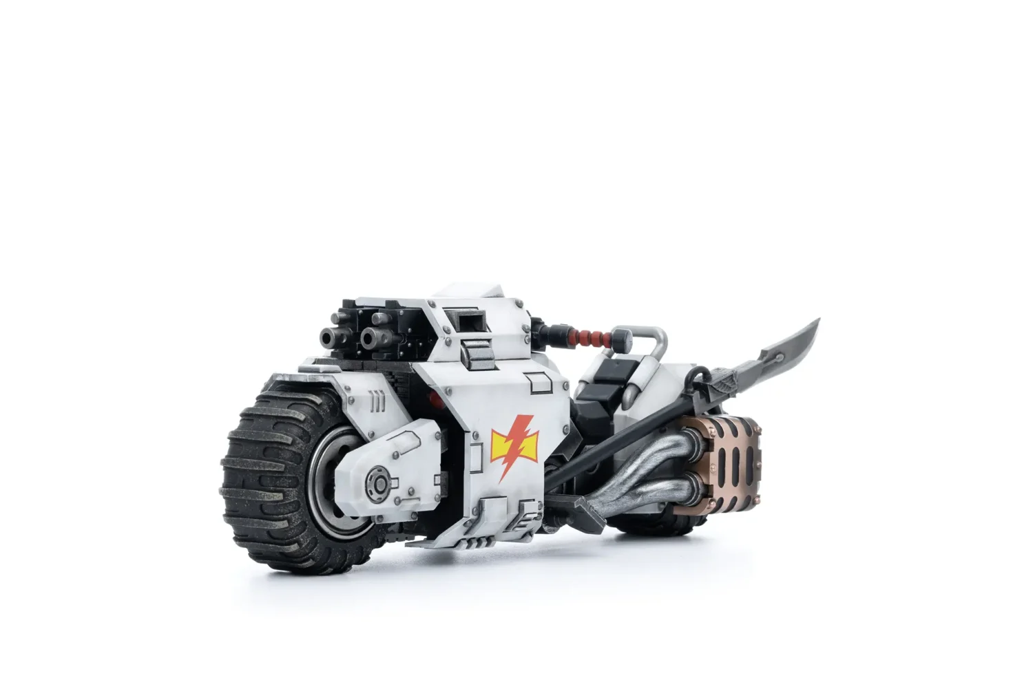 the front left side of Action Figure Vehicle - White Scars Raider-pattern Combat Bike 1 18 - JOYTOY Warhammer 40K in white background rectangle image The Front Left Side Of Action Figure Vehicle White Scars Raider Pattern Combat Bike 1 18 Joytoy Warhammer 40k In White Background Rectangle Image