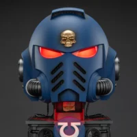 The Front Of The Action Figure Joytoy Ultramarines Captain Mkx Helmet With Red Lighting & Display Stand 1 1 Life Size Replica Warhammer 40k Rectangle Image 12