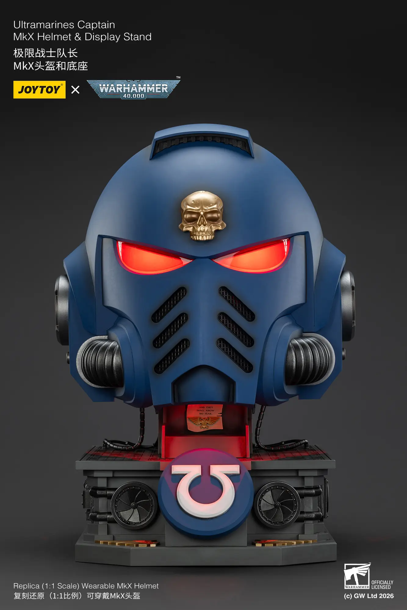The Front Of The Action Figure Joytoy Ultramarines Captain Mkx Helmet With Red Lighting & Display Stand 1 1 Life Size Replica Warhammer 40k Rectangle Image 12