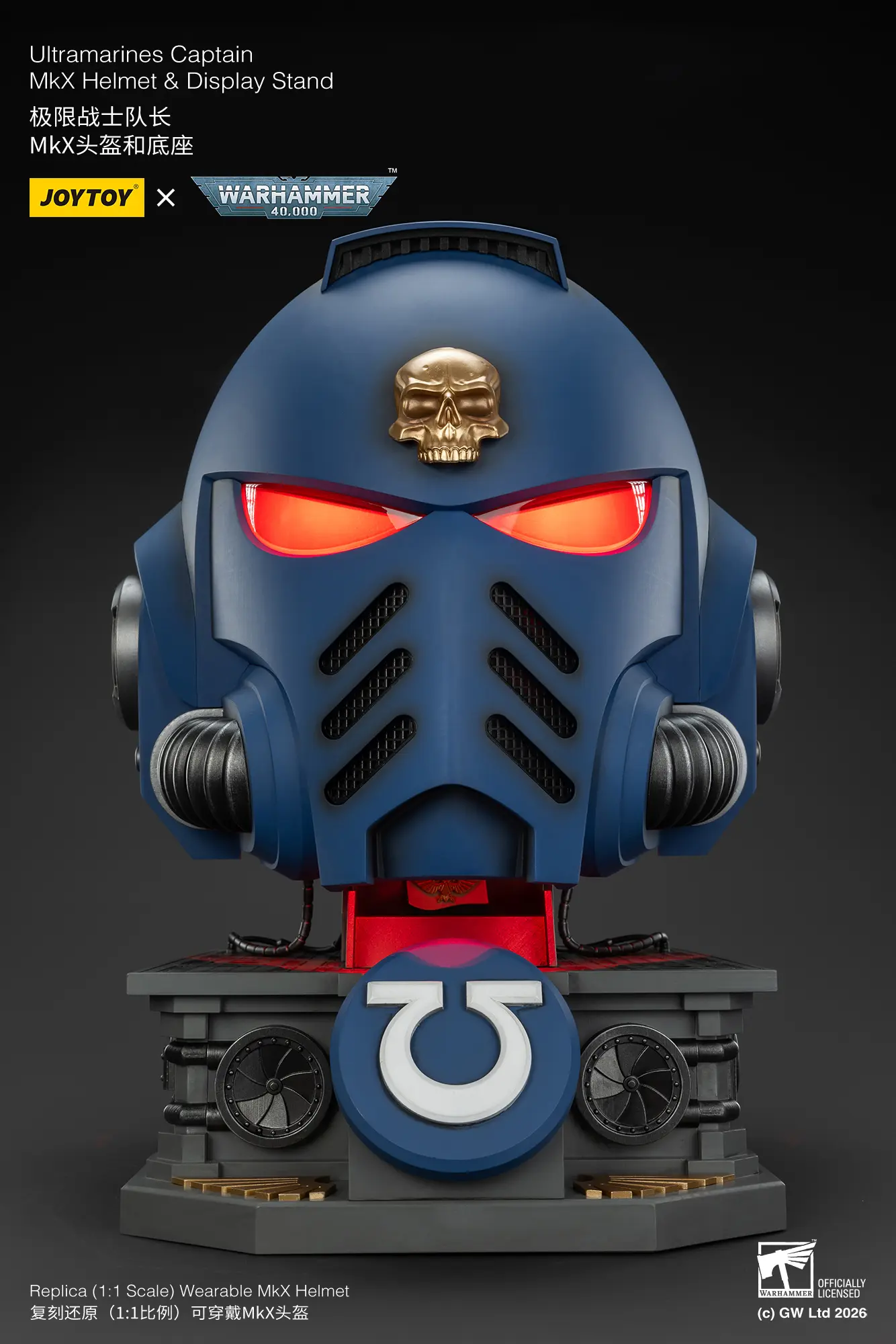 The Front Of The Action Figure Joytoy Ultramarines Captain Mkx Helmet With Red Lighting & Display Stand 1 1 Life Size Replica Warhammer 40k Rectangle Image 15