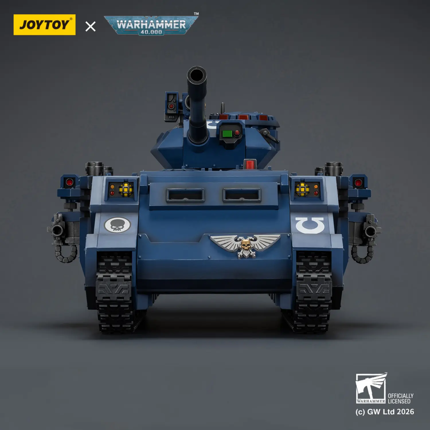 the front of the Action Figure - JoyToy Ultramarines Predator Destructor Tank with Turret-mounted Autocannon and Sponson-mounted Heavy Bolters 1 18 - Warhammer 40K Vehicle