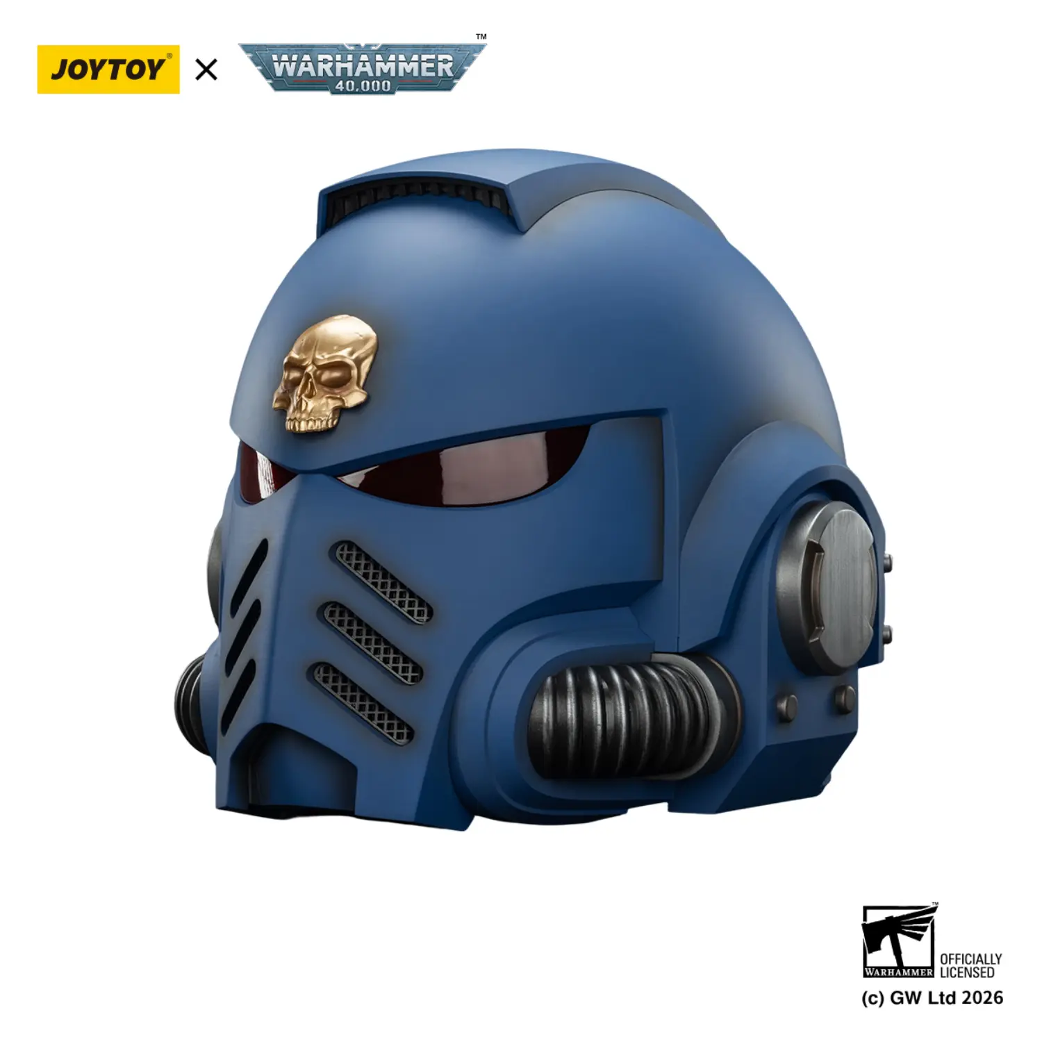 The Left Front Of The Action Figure Joytoy Ultramarines Captain Mkx Helmet 1 1 Life Size Replica Warhammer 40k In White Background