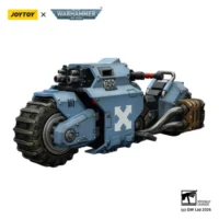 the left front of the Action Figure Vehicle - Space Wolves Raider-pattern Combat Bike with twin-linked bolt rifles 1 18 - JOYTOY Warhammer 40K in white background The Left Front Of The Action Figure Vehicle Space Wolves Raider Pattern Combat Bike With Twin Linked Bolt Rifles 1 18 Joytoy Warhammer 40k In White Background