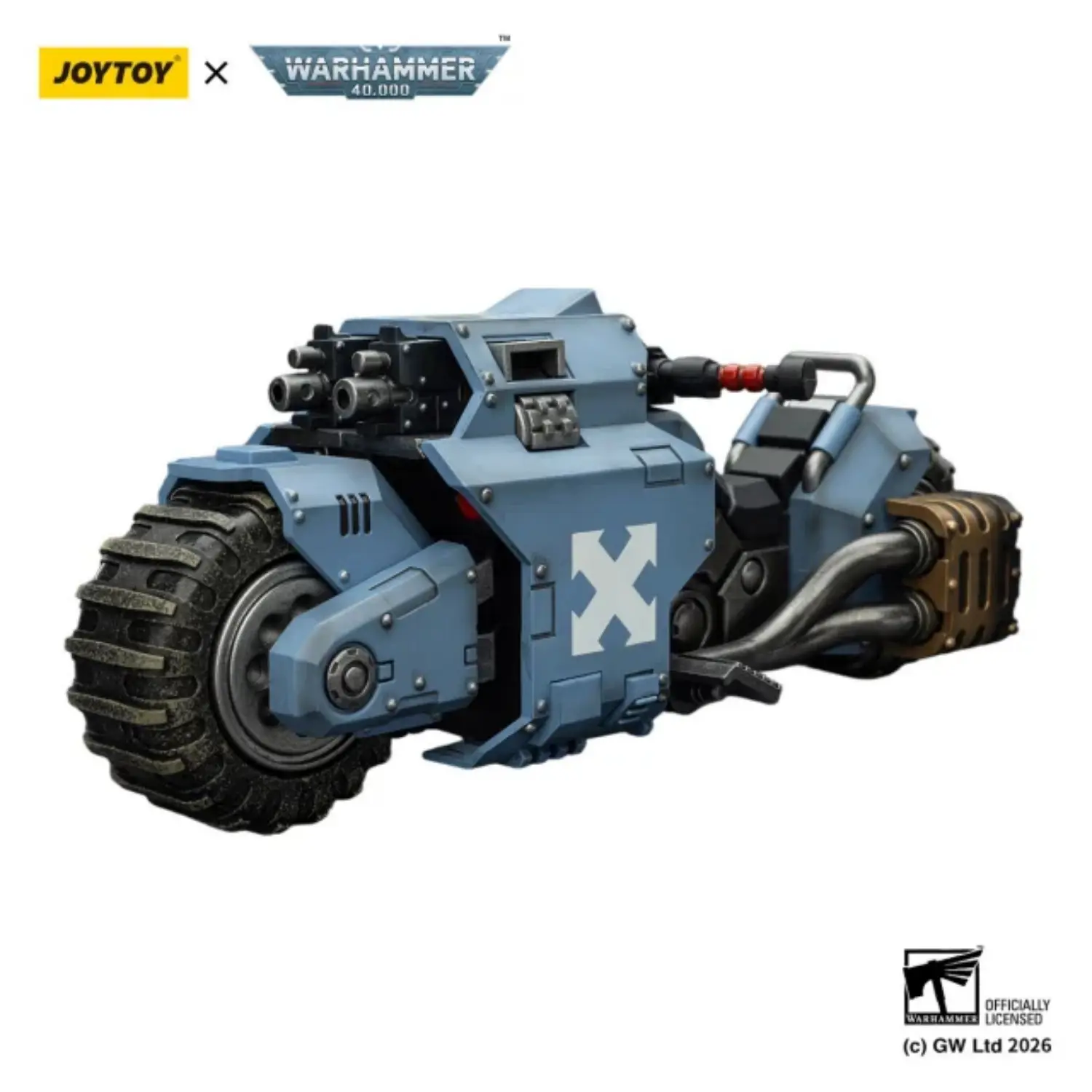 the left front of the Action Figure Vehicle - Space Wolves Raider-pattern Combat Bike with twin-linked bolt rifles 1 18 - JOYTOY Warhammer 40K in white background The Left Front Of The Action Figure Vehicle Space Wolves Raider Pattern Combat Bike With Twin Linked Bolt Rifles 1 18 Joytoy Warhammer 40k In White Background