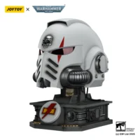 the left front side of the Action Figure - JOYTOY White Scars MkX Helmet & Display Stand 1 1 Life-Size Replica - Warhammer 40K in white background the left front side of the Action Figure - JOYTOY White Scars MkX Helmet & Display Stand 1 1 Life-Size Replica - Warhammer 40K in white background