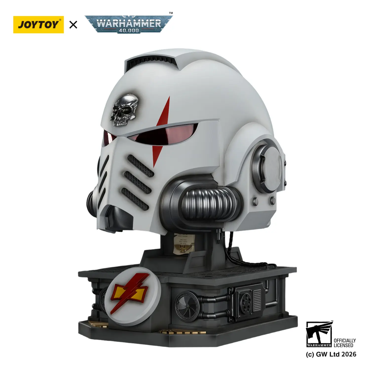 the left front side of the Action Figure - JOYTOY White Scars MkX Helmet & Display Stand 1 1 Life-Size Replica - Warhammer 40K in white background the left front side of the Action Figure - JOYTOY White Scars MkX Helmet & Display Stand 1 1 Life-Size Replica - Warhammer 40K in white background