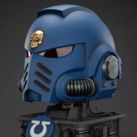 The Left Of The Action Figure Joytoy Ultramarines Captain Mkx Helmet & Display Stand 1 1 Life Size Replica Warhammer 40k Rectangle Image