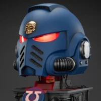 The Left Of The Action Figure Joytoy Ultramarines Captain Mkx Helmet With Red Lighting & Display Stand 1 1 Life Size Replica Warhammer 40k Rectangle Image 11