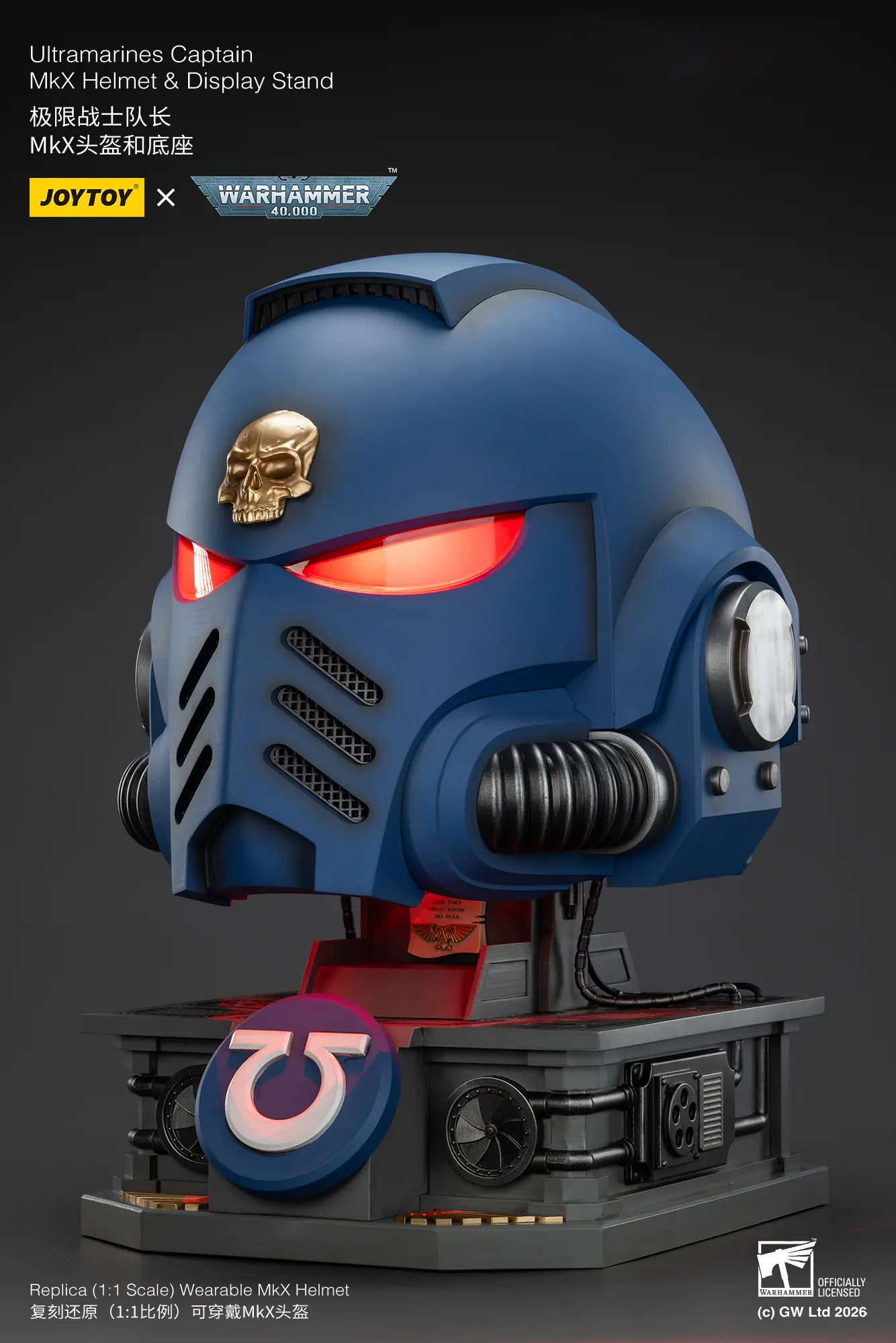 The Left Of The Action Figure Joytoy Ultramarines Captain Mkx Helmet With Red Lighting & Display Stand 1 1 Life Size Replica Warhammer 40k Rectangle Image 11