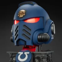 The Left Of The Action Figure Joytoy Ultramarines Captain Mkx Helmet With Red Lighting & Display Stand 1 1 Life Size Replica Warhammer 40k Rectangle Image 14
