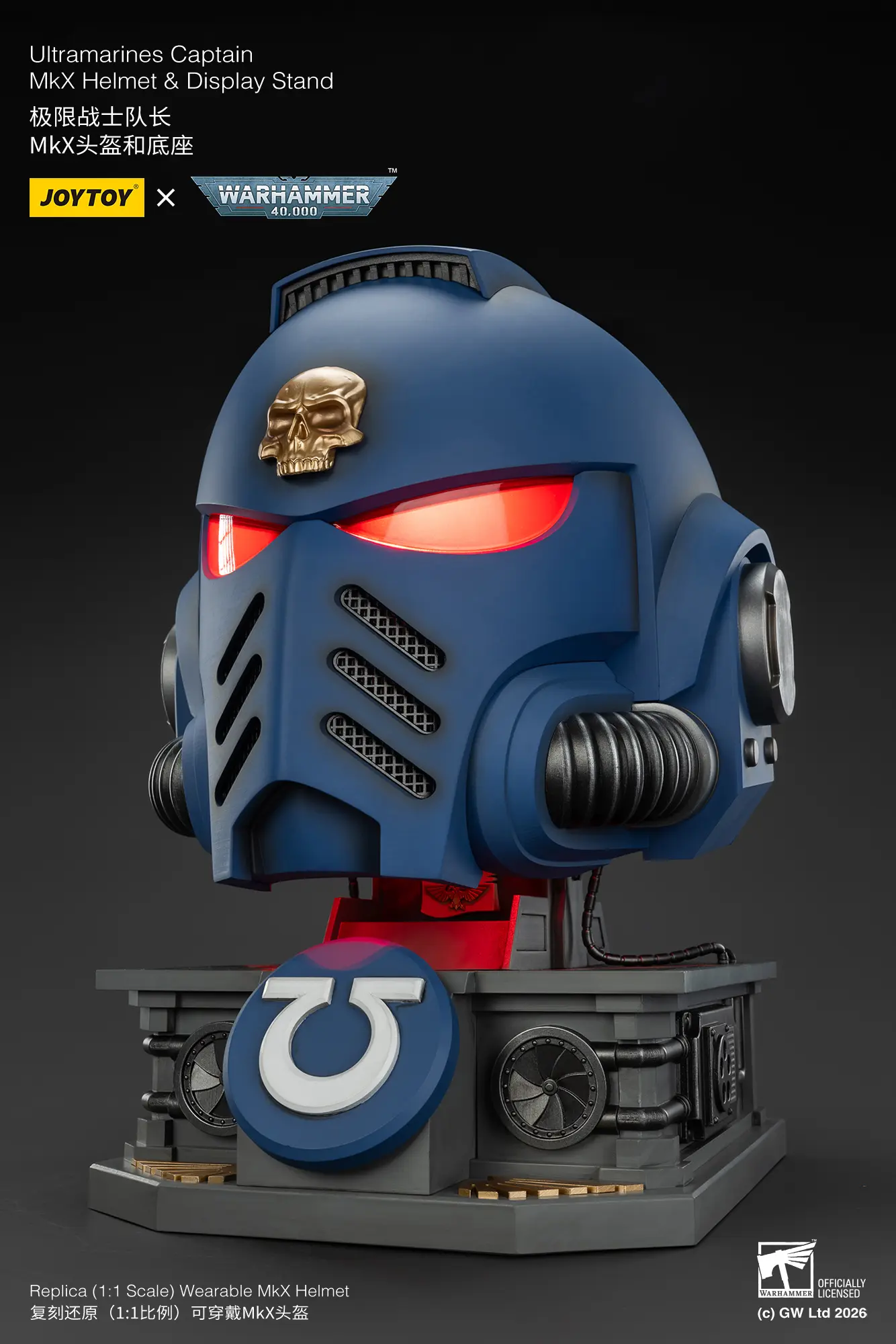 The Left Of The Action Figure Joytoy Ultramarines Captain Mkx Helmet With Red Lighting & Display Stand 1 1 Life Size Replica Warhammer 40k Rectangle Image 14