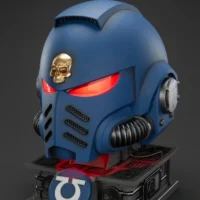The Left Of The Action Figure Joytoy Ultramarines Captain Mkx Helmet With Red Lighting & Display Stand 1 1 Life Size Replica Warhammer 40k Rectangle Image 17