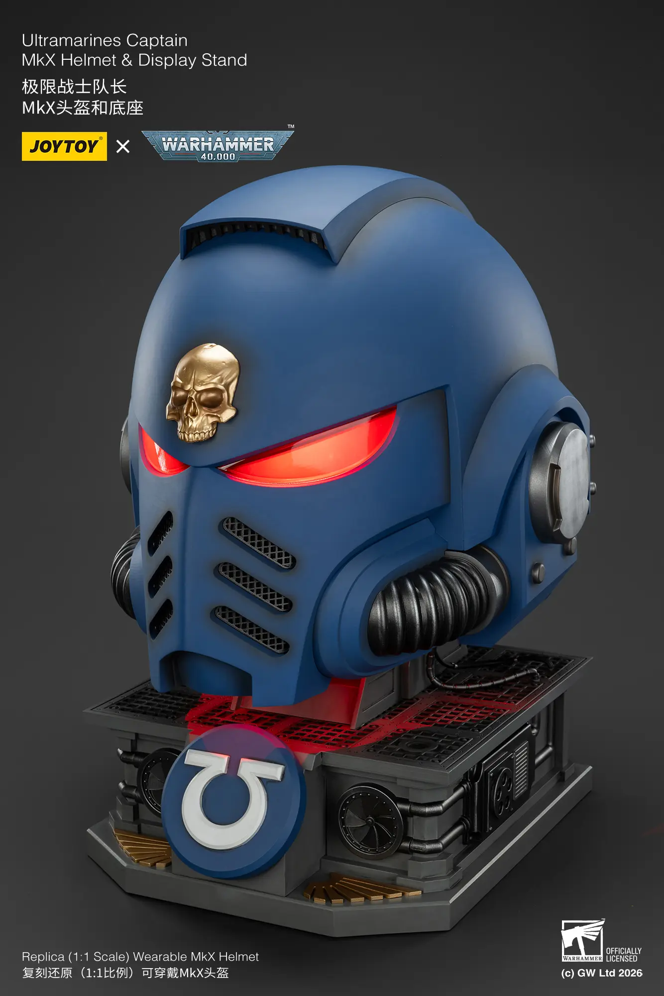 The Left Of The Action Figure Joytoy Ultramarines Captain Mkx Helmet With Red Lighting & Display Stand 1 1 Life Size Replica Warhammer 40k Rectangle Image 17