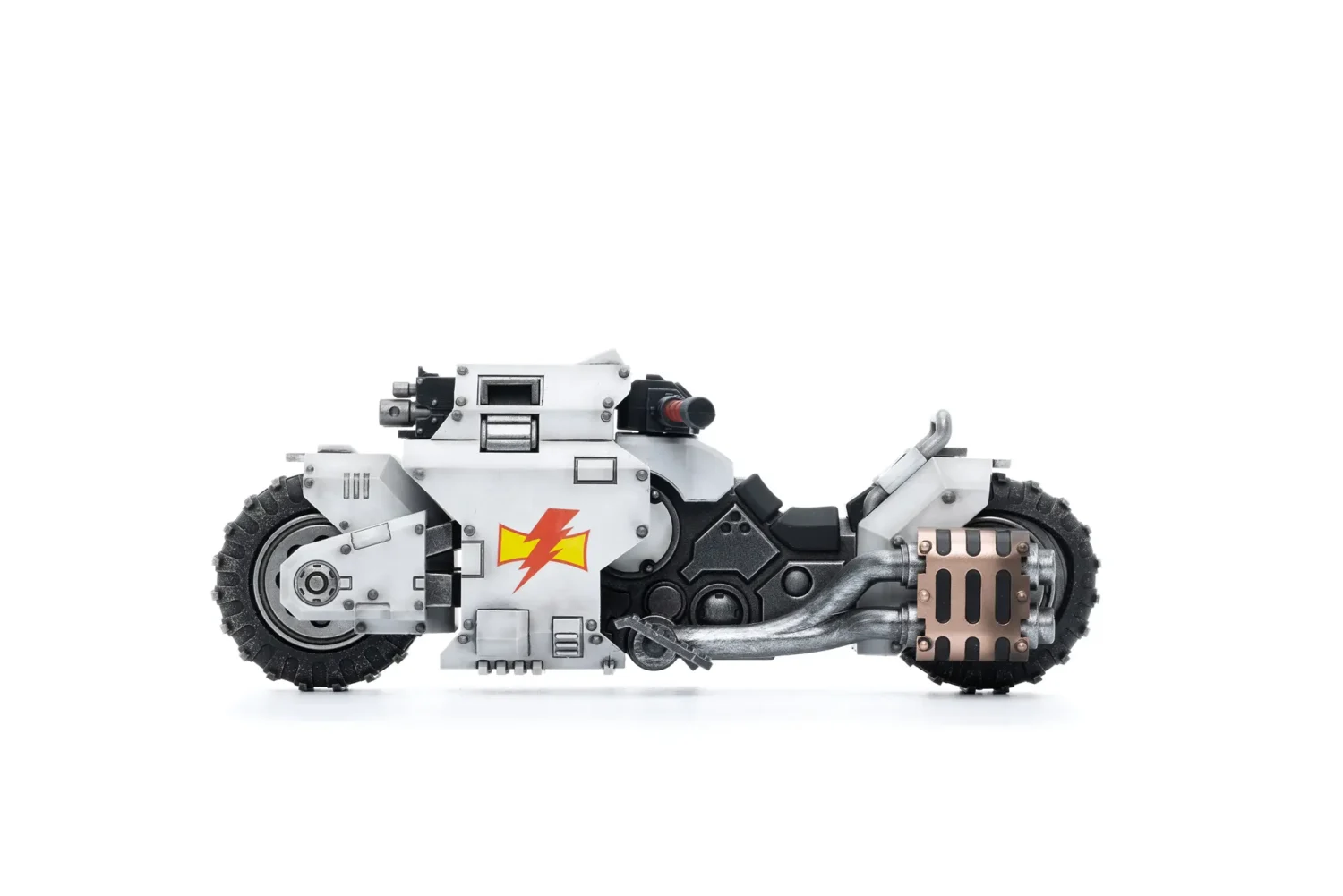 the left side of Action Figure Vehicle - White Scars Raider-pattern Combat Bike 1 18 - JOYTOY Warhammer 40K in white background rectangle image The Left Side Of Action Figure Vehicle White Scars Raider Pattern Combat Bike 1 18 Joytoy Warhammer 40k In White Background Rectangle Image