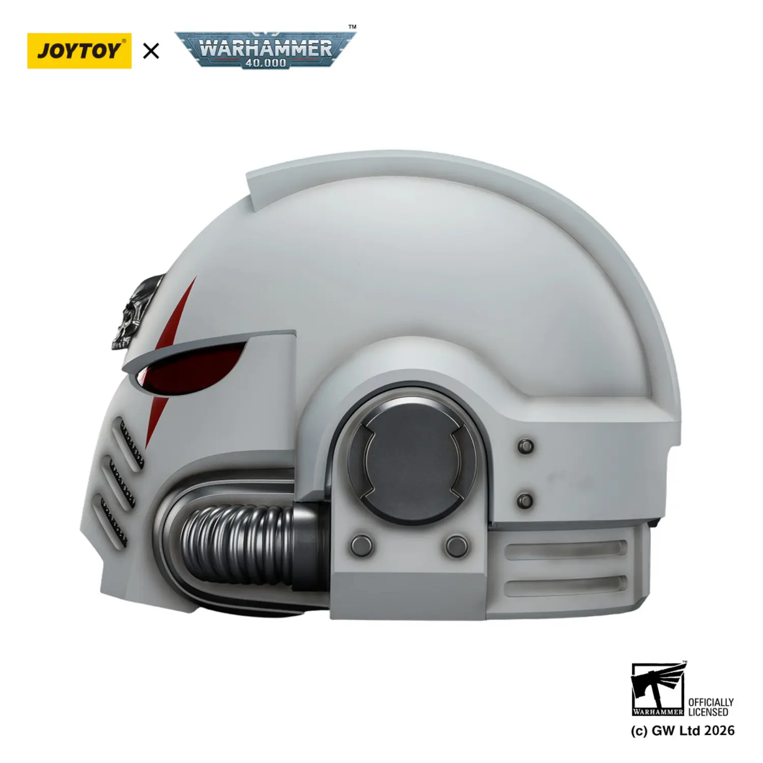 the left side of the Action Figure - JOYTOY White Scars MkX Helmet 1 1 Life-Size Replica - Warhammer 40K in white background