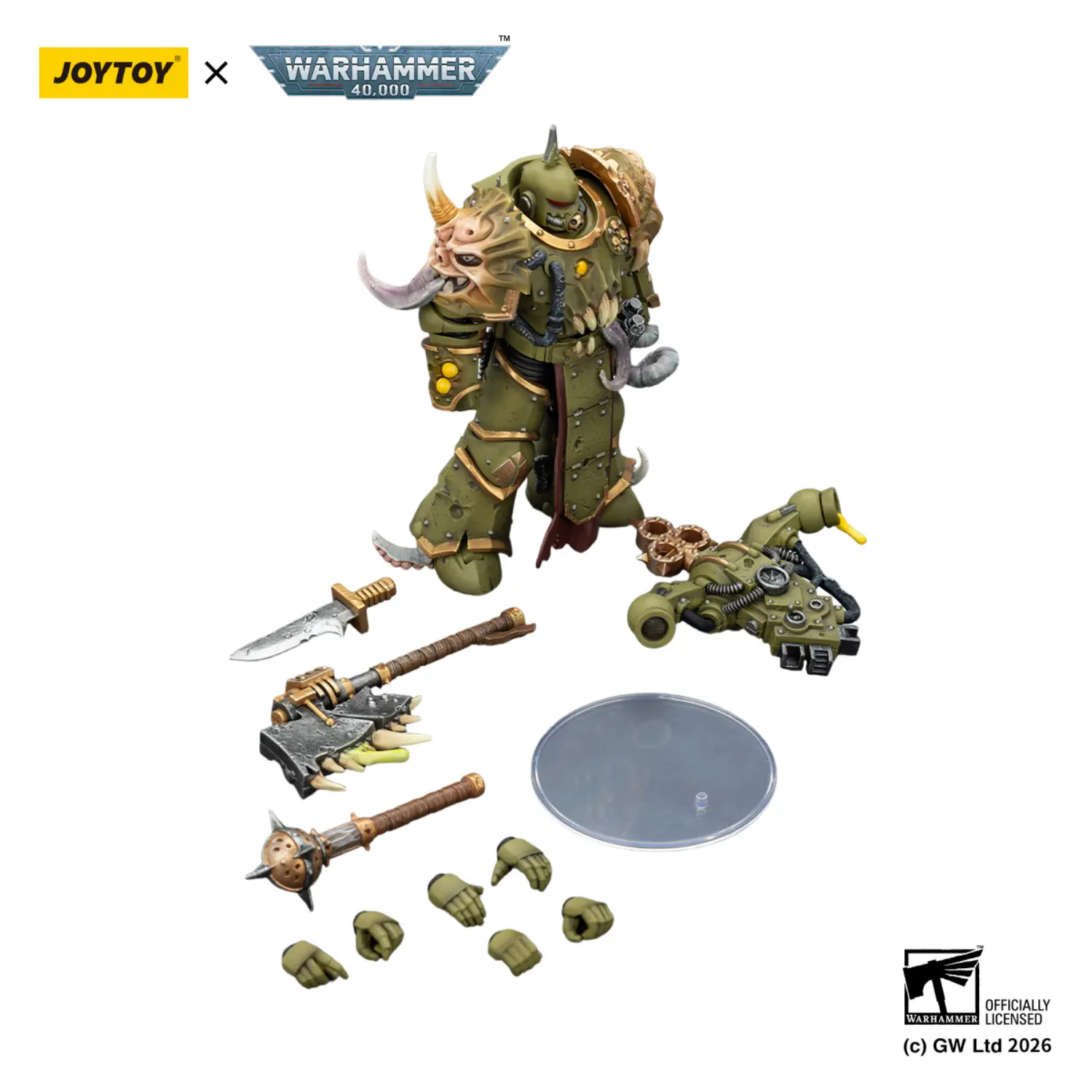 the parts of Action Figure - Chaos Space Marines Death Guard Plague Marine (with Bubotic Axe and Plague Weapons) 1 18 - JOYTOY Warhammer 40K in whtie background The Parts Of Action Figure Chaos Space Marines Death Guard Plague Marine (with Bubotic Axe And Plague Weapons) 1 18 Joytoy Warhammer 40k In Whtie Background