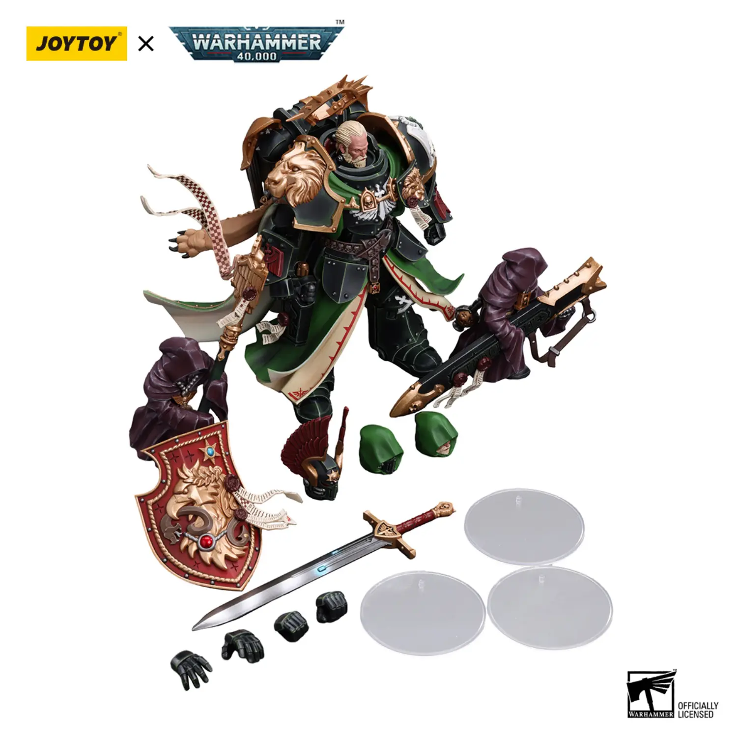 The Parts Of Action Figure Dark Angels Primarch Lion El'jonson With Two Mysterious Watchers In The Dark 1 18 Joytoy Warhammer 40k In White Background