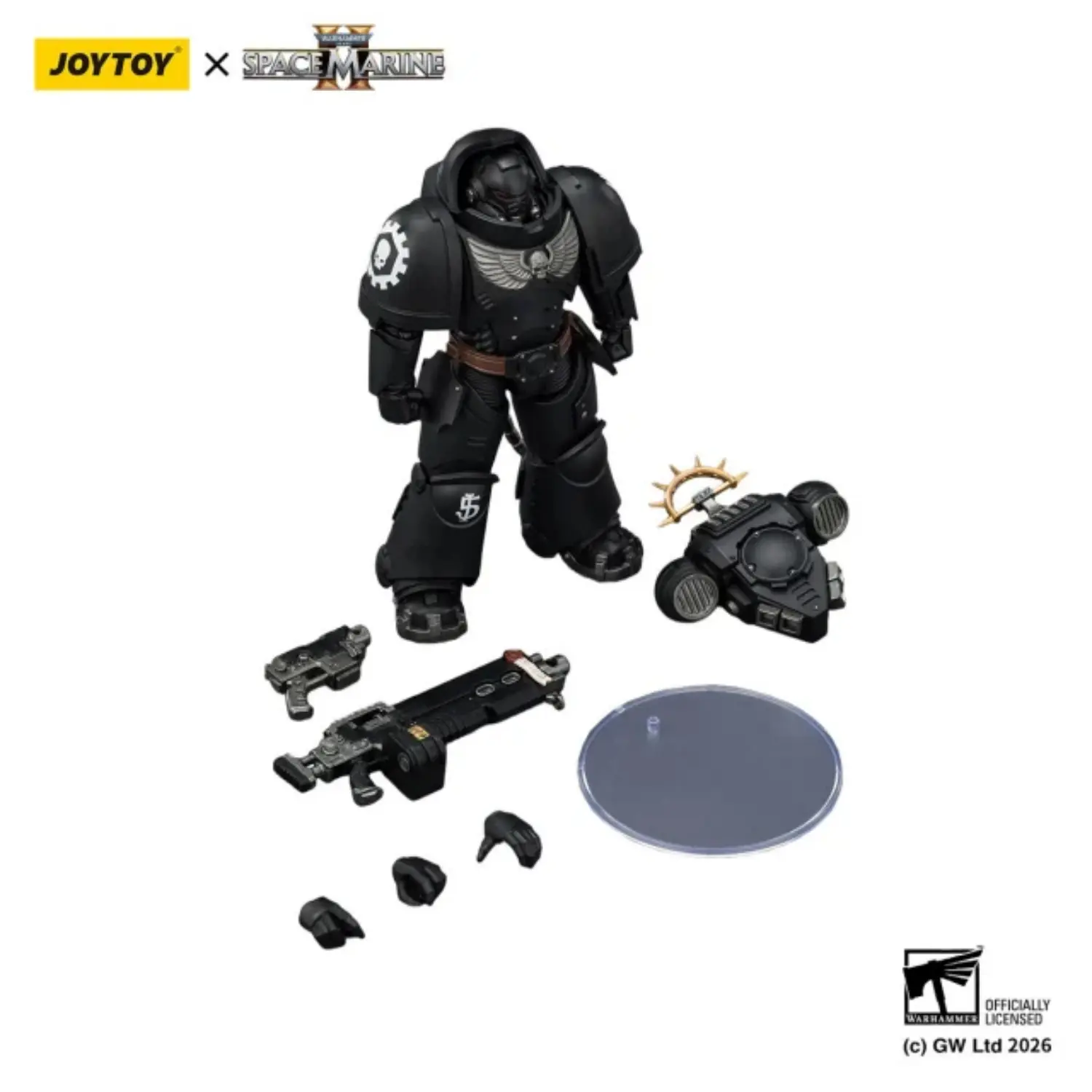 The Parts Of Action Figure Game Edition Iron Hands Heavy Intercessor With Heavy Bolt Rifle And Bolt Pistol 1 18 Joytoy Warhammer 40k In White Background