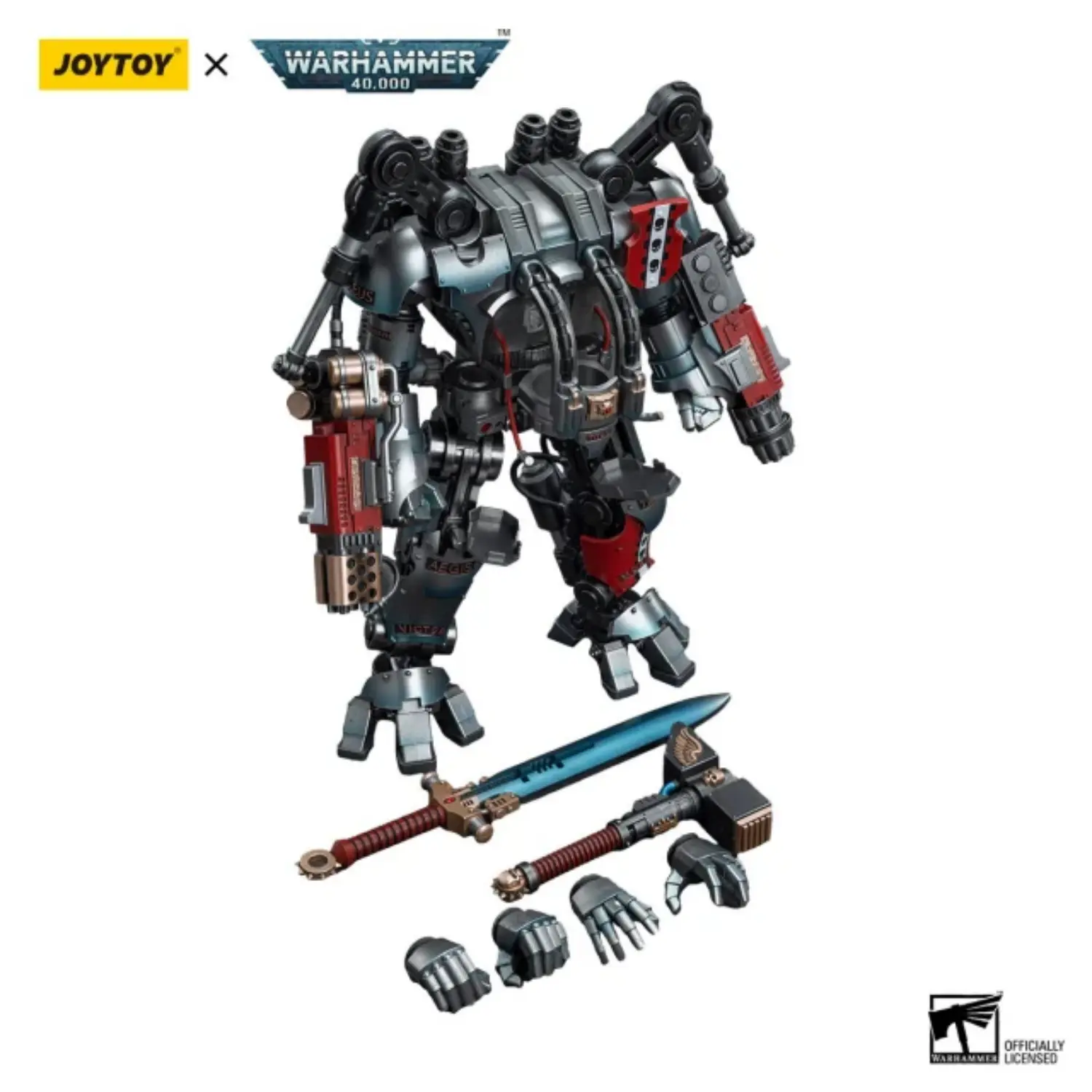 The Parts Of Action Figure Grey Knights Nemesis Dreadknight With The Grey Knight Pilot 1 18 Joytoy Warhammer 40k In White Background